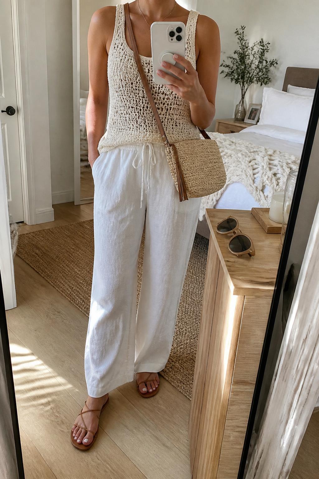 IMAGE_PROMPT: mirror selfie of a woman wearing a cream crochet tank top, white wide-leg linen pants, tan strappy flat sandals, raffia crossbody bag, and oversized sunglasses, clearly showing the same clothing items listed in the Outfit Pieces section, holding a phone in front of a mirror, cropped at the NECK so the face does not show, relaxed casual selfie pose, in a cozy bedroom mirror setup, natural window light, with sunglasses placed on a dresser, latest iPhone photo quality.