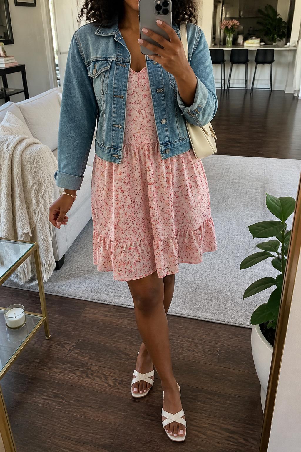 IMAGE_PROMPT: mirror selfie of a black woman wearing a classic medium wash jean jacket, pink floral cotton sundress, white flat sandals, cream mini shoulder bag, and soft natural curls, clearly showing the same clothing items listed in the Outfit Pieces section, holding a phone in front of a mirror, cropped at the NECK so the face does not show, relaxed casual selfie pose, in a stylish city apartment living room, soft morning light, with throw blanket on a living room sofa, latest iPhone photo quality.