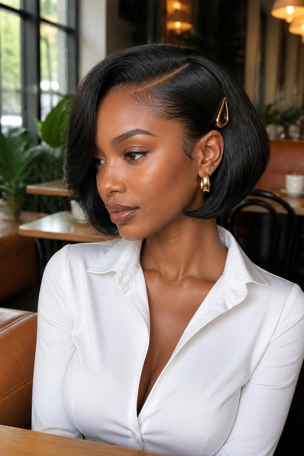 Image Prompt:
A realistic fashion beauty photo of a black woman with a short glossy black bob styled with a deep side part, one side swept back and secured with a sleek gold French clip above the ear, smooth shiny finish, warm brown skin, gold earrings, fitted white blouse, modern cafe background, soft daylight, chic short hairstyle inspiration, high-resolution DSLR photography, no text, (no watermarks on images)