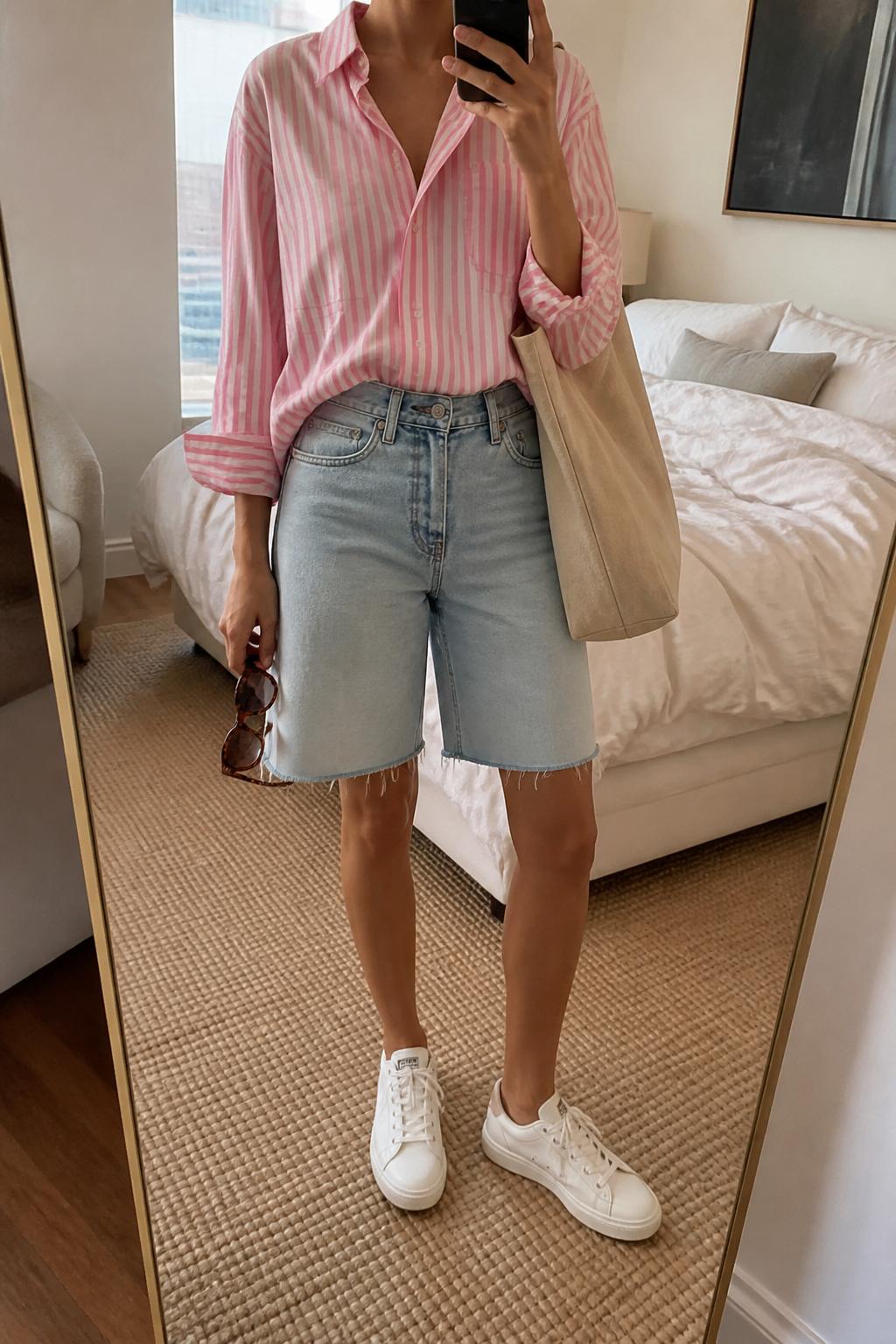 IMAGE_PROMPT: mirror selfie of a woman wearing a pink and white striped cotton button-down shirt, light wash denim Bermuda shorts, white low-top sneakers, tan canvas tote bag, and tortoiseshell sunglasses, clearly showing the same clothing items listed in the Outfit Pieces section, holding a phone in front of a mirror, cropped at the NECK so the face does not show, relaxed casual selfie pose, in a stylish city apartment bedroom, soft indoor lighting, with soft pillows on an unmade bed, latest iPhone photo quality.