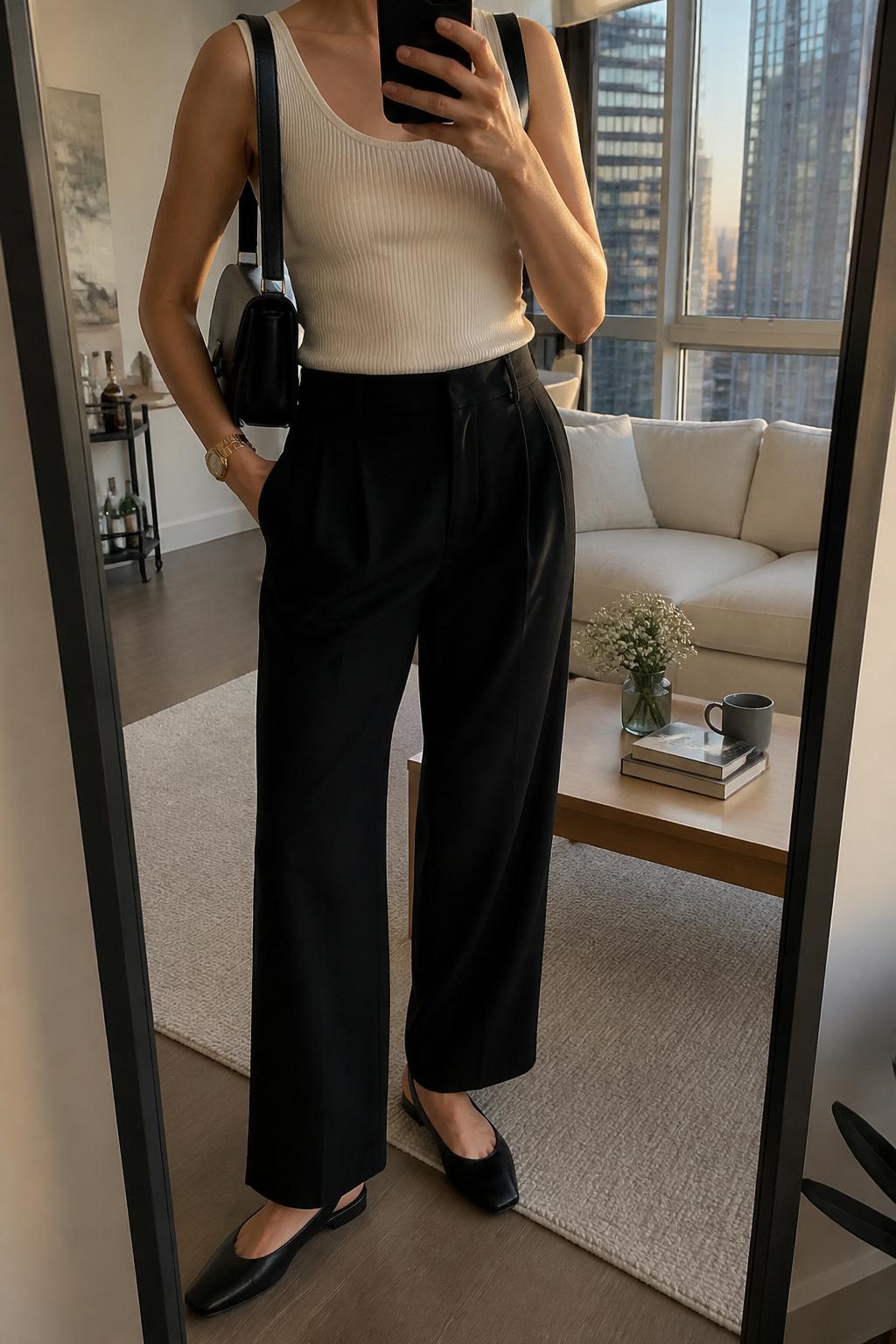 IMAGE_PROMPT: mirror selfie of a woman wearing a cream ribbed tank top, black wide-leg trousers, black slingback flats, structured black shoulder bag, and gold watch, clearly showing the same clothing items listed in the Outfit Pieces section, holding a phone in front of a mirror, cropped at the NECK so the face does not show, relaxed casual selfie pose, in a stylish city apartment living room, evening golden hour, with coffee table with a book and mug, latest iPhone photo quality.