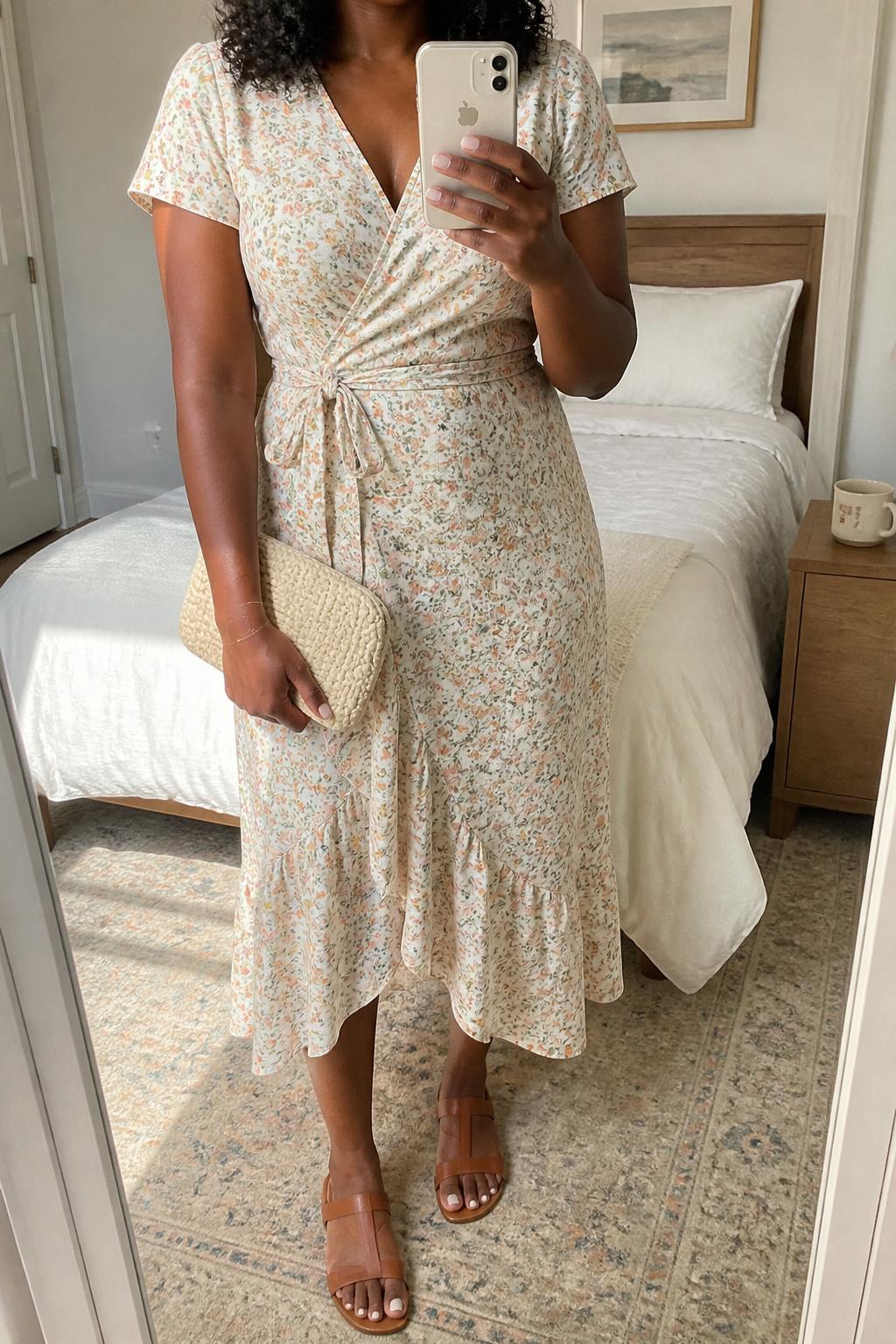 IMAGE_PROMPT: mirror selfie of a black woman wearing a soft floral wrap dress, brown leather flat sandals, cream woven clutch, thin gold bracelet, and shoulder-length curls, clearly showing the same clothing items listed in the Outfit Pieces section, holding a phone in front of a mirror, cropped at the NECK so the face does not show, relaxed casual selfie pose, in a cozy bedroom mirror setup, soft morning light, with coffee mug on a bedside table, latest iPhone photo quality.