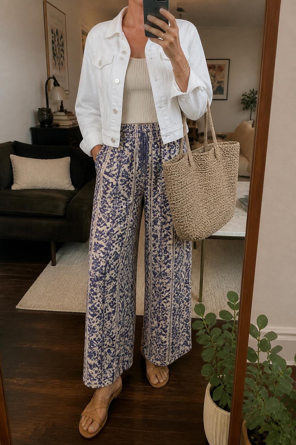 IMAGE_PROMPT: mirror selfie of a woman wearing a white cropped jean jacket, cream ribbed tank top, blue and cream printed wide-leg pants, tan strappy flat sandals, and woven tote bag, clearly showing the same clothing items listed in the Outfit Pieces section, holding a phone in front of a mirror, cropped at the NECK so the face does not show, relaxed casual selfie pose, in a modern living room mirror setup, warm moody lighting, with small plant beside the floor mirror, latest iPhone photo quality.