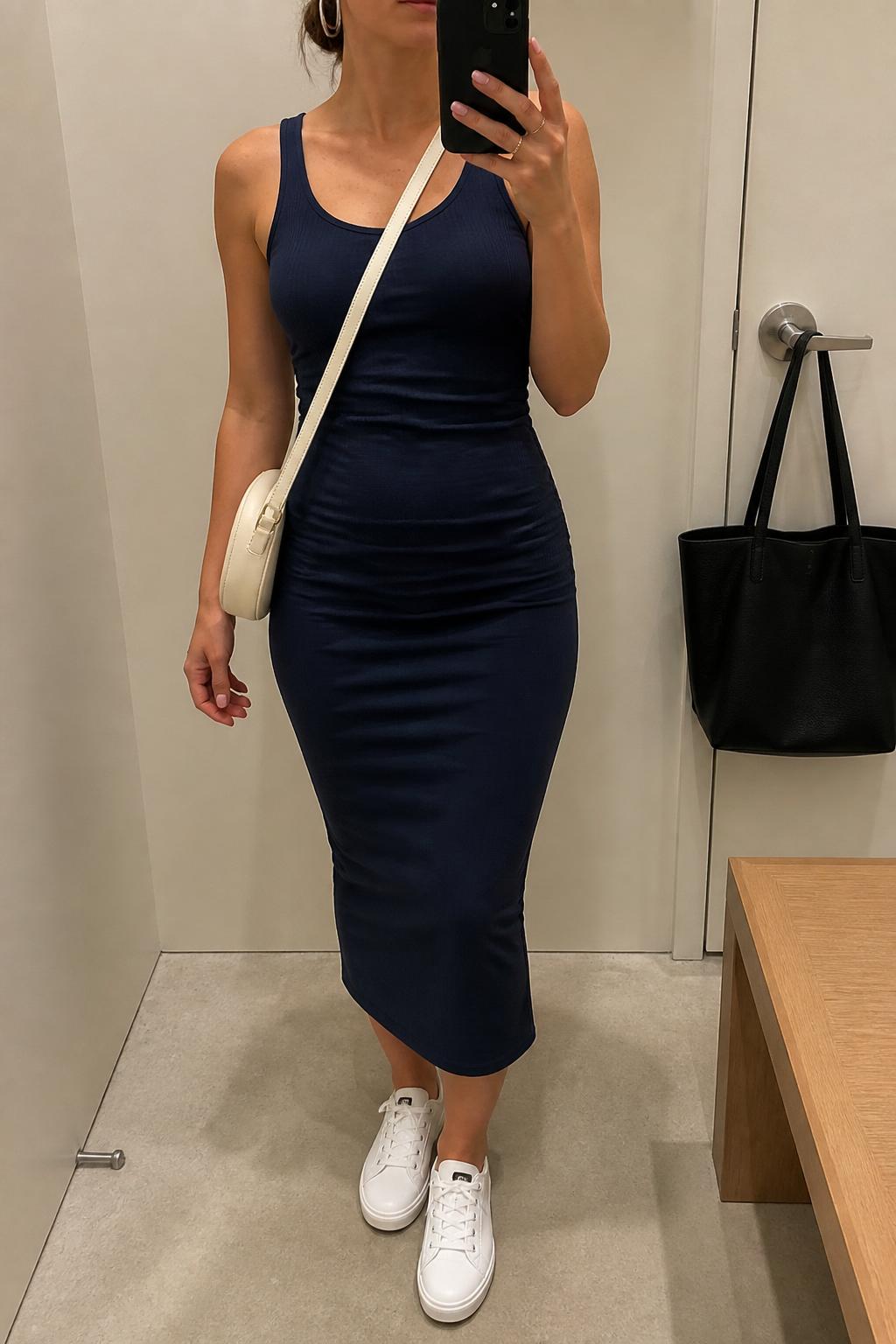 IMAGE_PROMPT: mirror selfie of a woman wearing a navy ruched cotton tank midi dress, white low-top sneakers, cream crossbody bag, silver hoop earrings, and loose low bun, clearly showing the same clothing items listed in the Outfit Pieces section, holding a phone in front of a mirror, cropped at the NECK so the face does not show, relaxed casual selfie pose, in a minimal dressing room, soft indoor lighting, with handbag hanging on a door handle, latest iPhone photo quality.