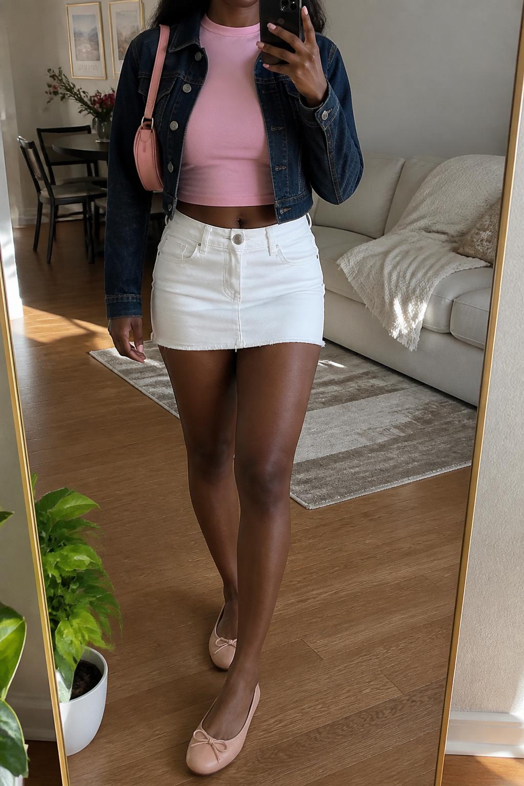 IMAGE_PROMPT: mirror selfie of a black woman wearing a dark wash cropped jean jacket, soft pink fitted baby tee, white denim mini skirt, nude ballet flats, and small pink shoulder bag, clearly showing the same clothing items listed in the Outfit Pieces section, holding a phone in front of a mirror, cropped at the NECK so the face does not show, relaxed casual selfie pose, in a cozy living room with a leaning floor mirror, natural window light, with small plant beside the floor mirror, latest iPhone photo quality.
