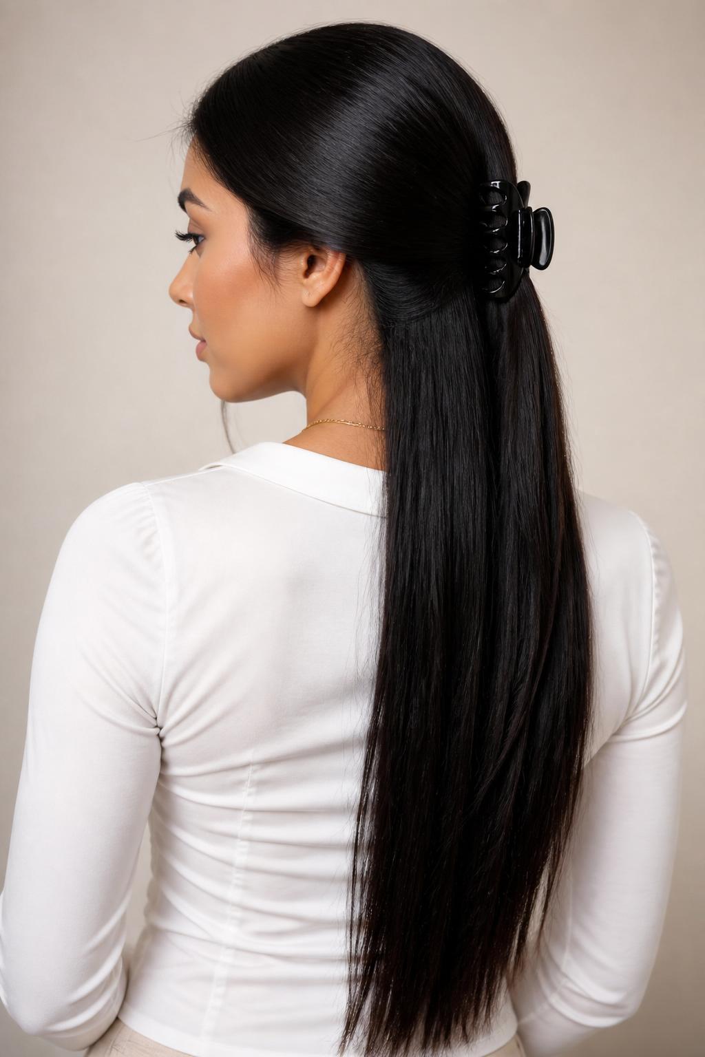 Image Prompt:
A realistic beauty photo of a woman with long sleek straight black hair styled half up half down with a glossy black claw clip, center part, smooth front pieces pulled back neatly, long straight lengths falling down the back, fitted white blouse, minimal gold necklace, clean studio background with soft beige tones, polished modern hairstyle inspiration, sharp DSLR quality, no text, (no watermarks on images)
