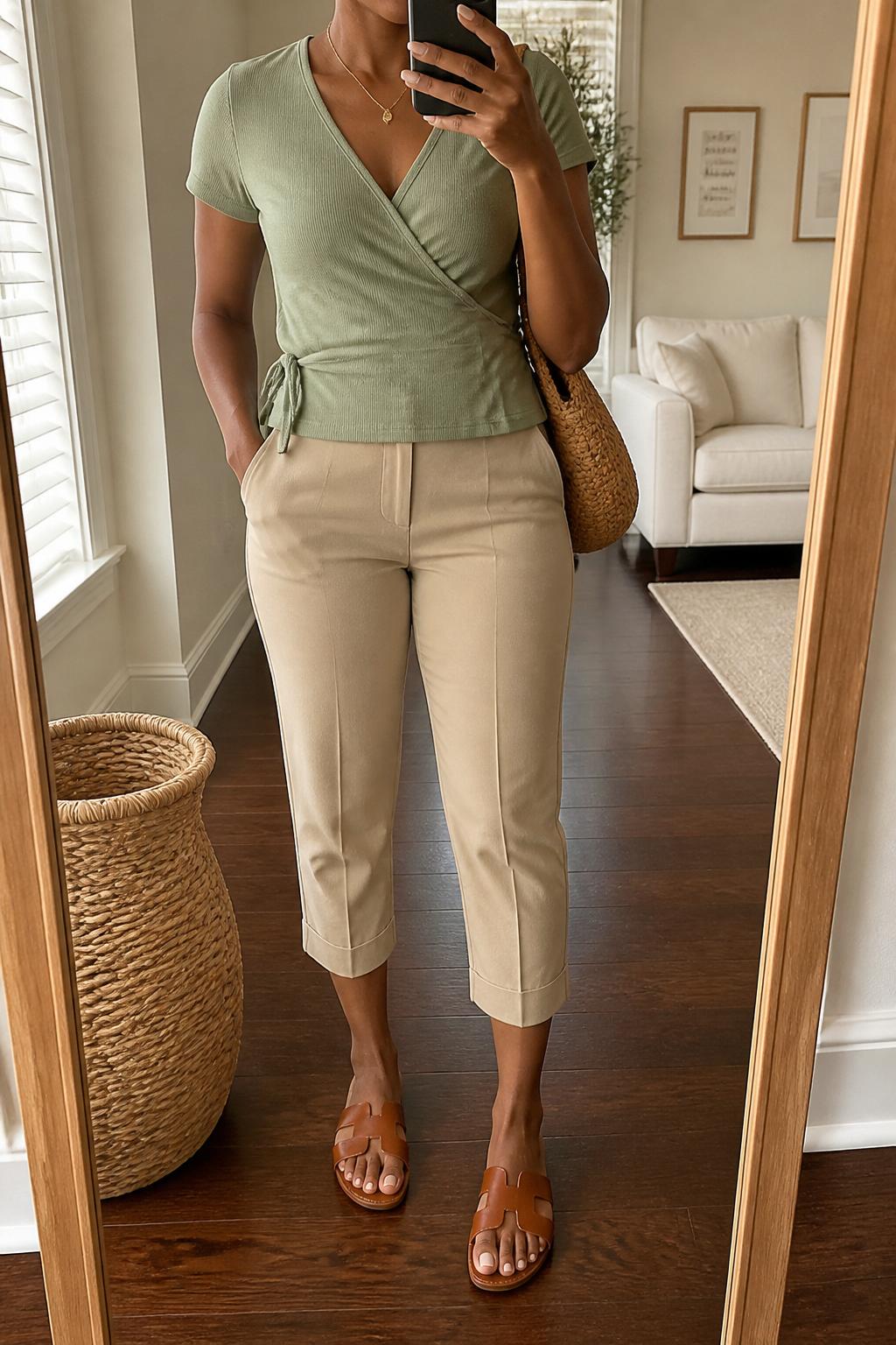 IMAGE_PROMPT: mirror selfie of a black woman wearing a sage green short-sleeve wrap top, beige tailored capri pants, brown leather slide sandals, tan woven handbag, and delicate gold necklace, clearly showing the same clothing items listed in the Outfit Pieces section, holding a phone in front of a mirror, cropped at the NECK so the face does not show, relaxed casual selfie pose, in a cozy living room with a leaning floor mirror, natural window light, with woven basket near the mirror, latest iPhone photo quality.