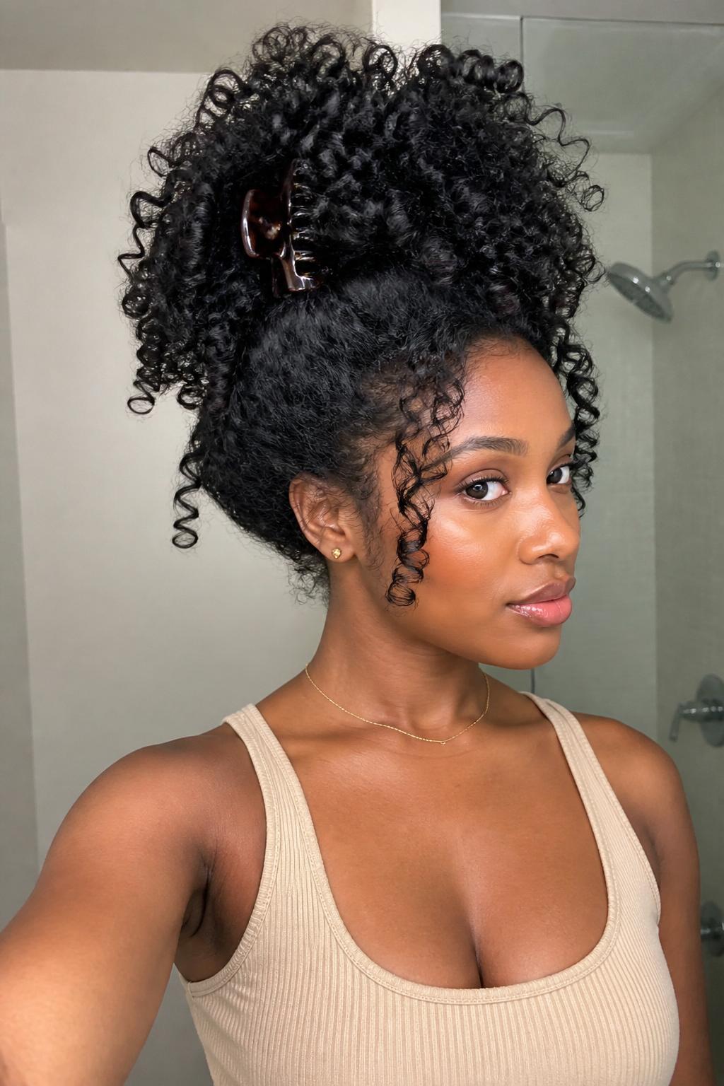 Image Prompt:
A realistic portrait of a black woman with long natural curly hair styled into a voluminous claw clip updo, curls gathered upward and secured with a large dark brown claw clip, defined curls spilling softly over the top, a few curls framing the face, warm brown skin, soft glam makeup, simple ribbed tank top, bright bathroom mirror lighting, natural texture beauty inspiration, DSLR photo, no text, no watermark.