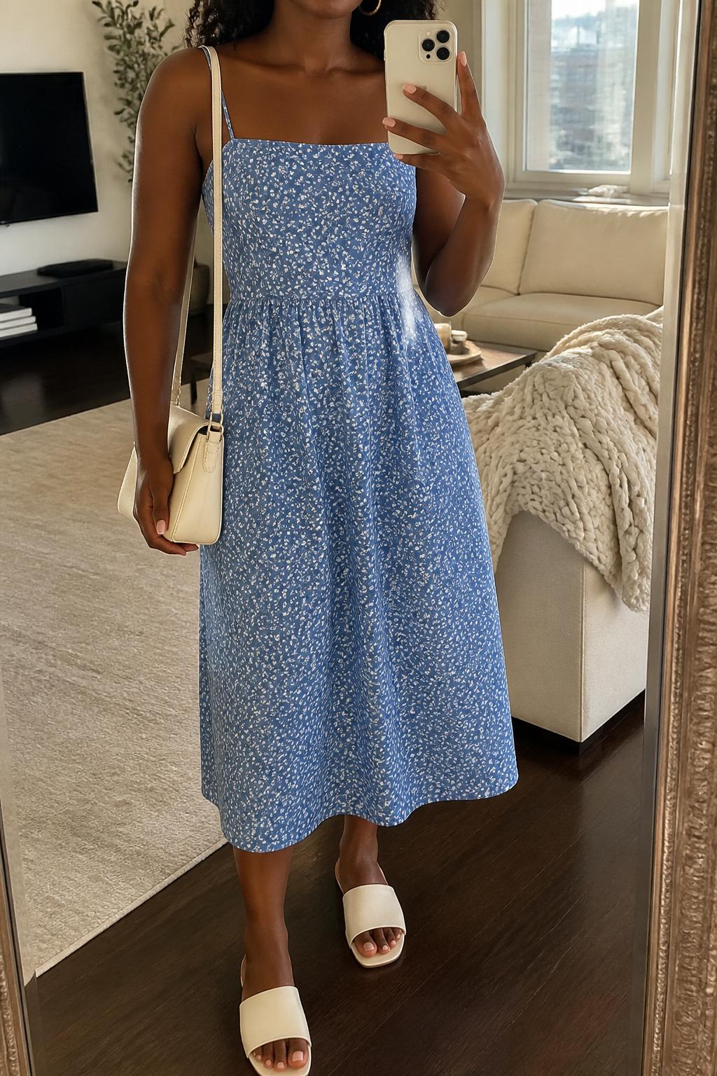 IMAGE_PROMPT: mirror selfie of a black woman wearing a blue floral cotton sundress, white slide sandals, cream mini shoulder bag, small gold hoop earrings, and soft natural curls, clearly showing the same clothing items listed in the Outfit Pieces section, holding a phone in front of a mirror, cropped at the NECK so the face does not show, relaxed casual selfie pose, in a stylish city apartment living room, soft morning light, with throw blanket on a living room sofa, latest iPhone photo quality.