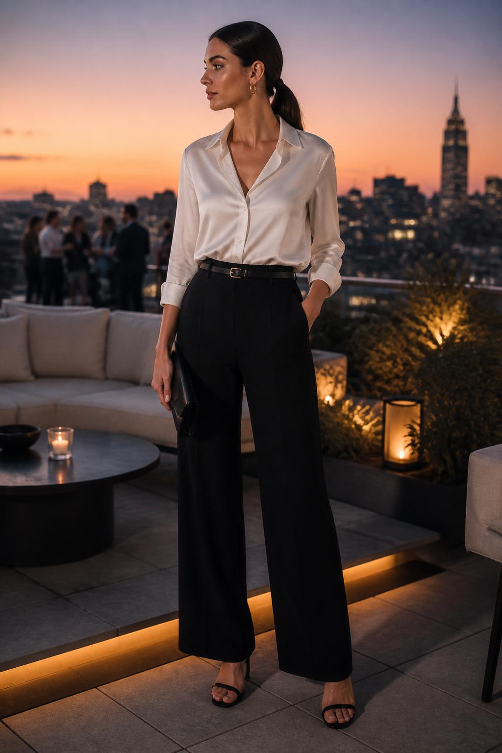 Image Prompt:
A refined old money party outfit featuring a woman wearing a white satin button-down shirt tucked into high-waisted black wide-leg trousers, black heeled sandals, a slim black belt, a structured black clutch, gold hoop earrings, and a sleek low ponytail. She is standing on a rooftop party terrace at sunset with city lights, cream lounge seating, and soft warm lighting. Realistic DSLR editorial fashion photo, elegant party separates, polished black and white styling, no text, no watermark.