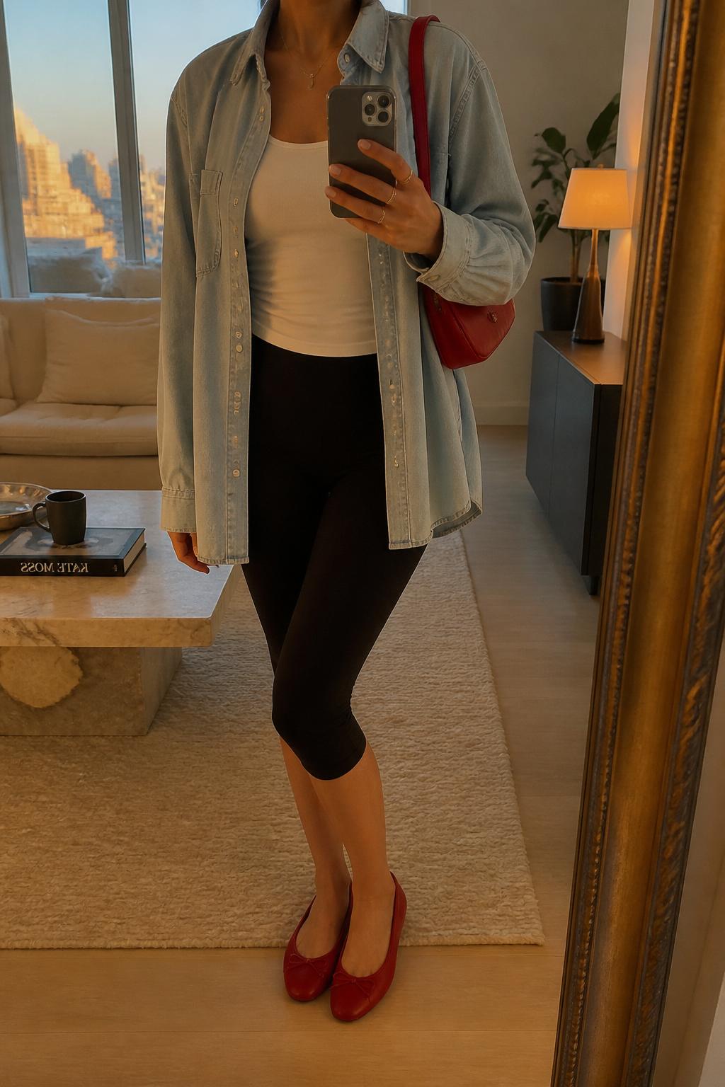 IMAGE_PROMPT: mirror selfie of a woman wearing a light wash oversized denim shirt, white fitted tank top, black capri leggings, red ballet flats, and small red shoulder bag, clearly showing the same clothing items listed in the Outfit Pieces section, holding a phone in front of a mirror, cropped at the NECK so the face does not show, relaxed casual selfie pose, in a stylish city apartment living room, evening golden hour, with coffee table with a book and mug, latest iPhone photo quality.