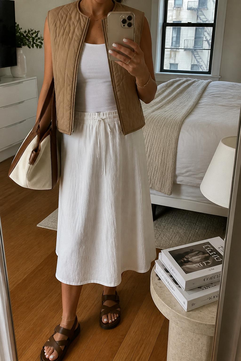 IMAGE_PROMPT: mirror selfie of a woman wearing a tan lightweight quilted vest, white fitted tank top, white cotton midi skirt, brown leather hiking sandals, and structured canvas tote bag, clearly showing the same clothing items listed in the Outfit Pieces section, holding a phone in front of a mirror, cropped at the NECK so the face does not show, relaxed casual selfie pose, in a stylish city apartment bedroom, natural window light, with stack of fashion magazines on a side table, latest iPhone photo quality.