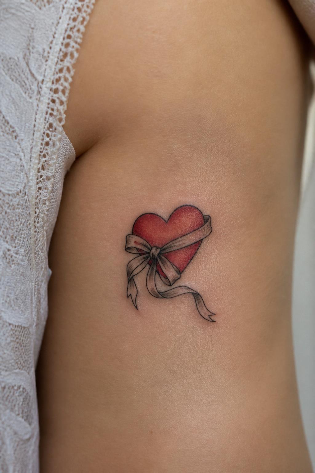 Image Prompt: "Close-up of a ribbon heart flash tattoo on the ribcage, small red heart with black outline, delicate ribbon wrapped around it, soft shading, feminine romantic tattoo style, lace fabric softly visible at the edge, clean minimal background, realistic skin texture, design-focused photo"