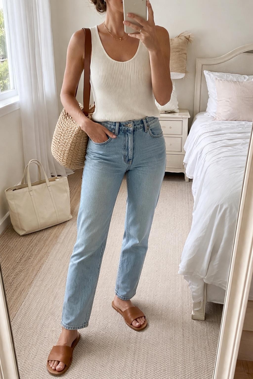 IMAGE_PROMPT: mirror selfie of a woman wearing a soft cream ribbed knit tank, light wash straight jeans, tan leather slide sandals, woven shoulder bag, and loose low bun, holding a phone in front of a mirror, cropped at the NECK so the face does not show, relaxed casual selfie pose, in a feminine-themed bedroom, natural window light, with tote bag on the floor and sunglasses on a dresser. Latest iPhone photo quality.