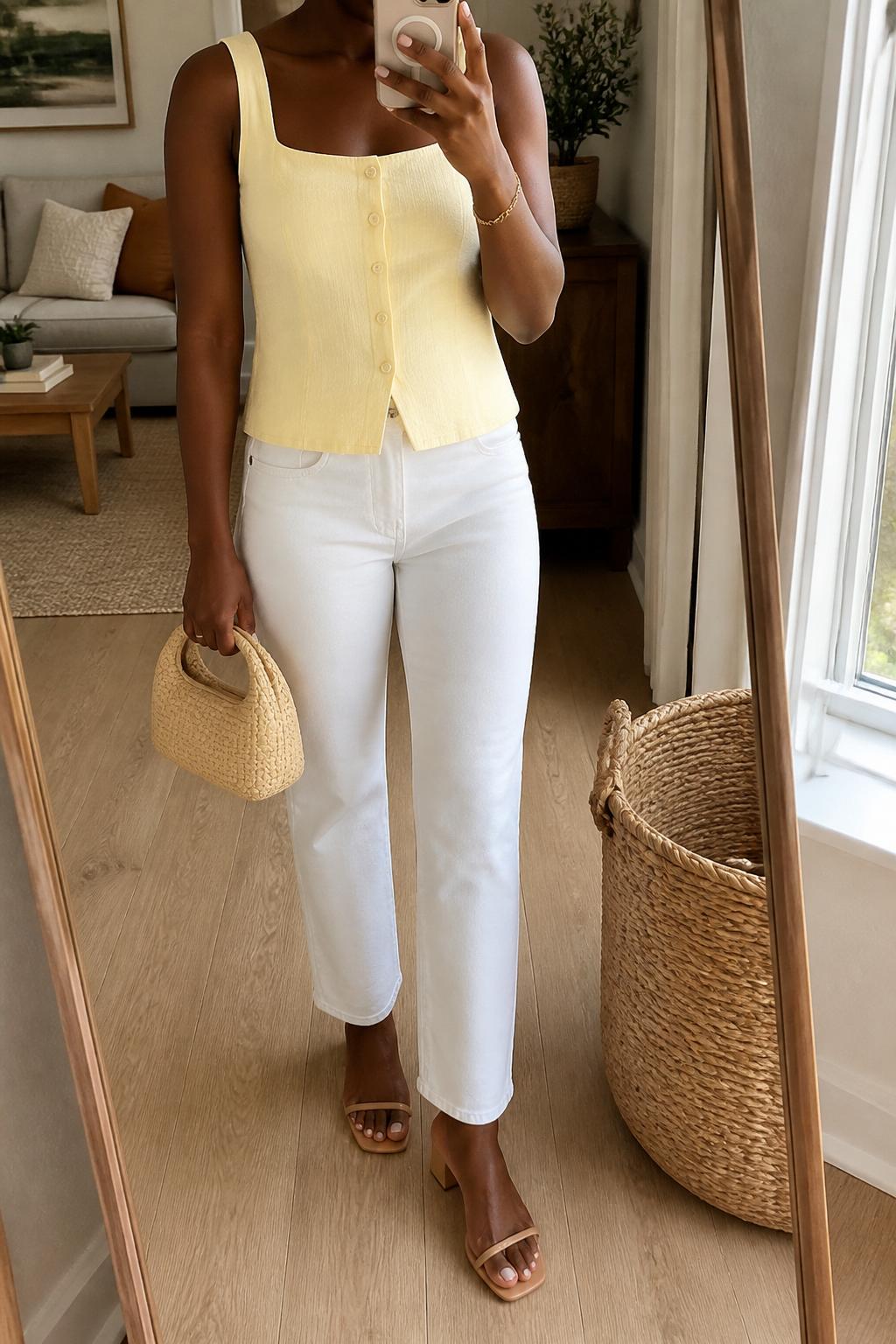 IMAGE_PROMPT: mirror selfie of a black woman wearing a butter yellow button-front sleeveless top, white straight-leg jeans, nude block-heel sandals, woven mini handbag, and delicate gold bracelet, clearly showing the same clothing items listed in the Outfit Pieces section, holding a phone in front of a mirror, cropped at the NECK so the face does not show, relaxed casual selfie pose, in a cozy living room with a leaning floor mirror, natural window light, with woven basket near the mirror, latest iPhone photo quality.