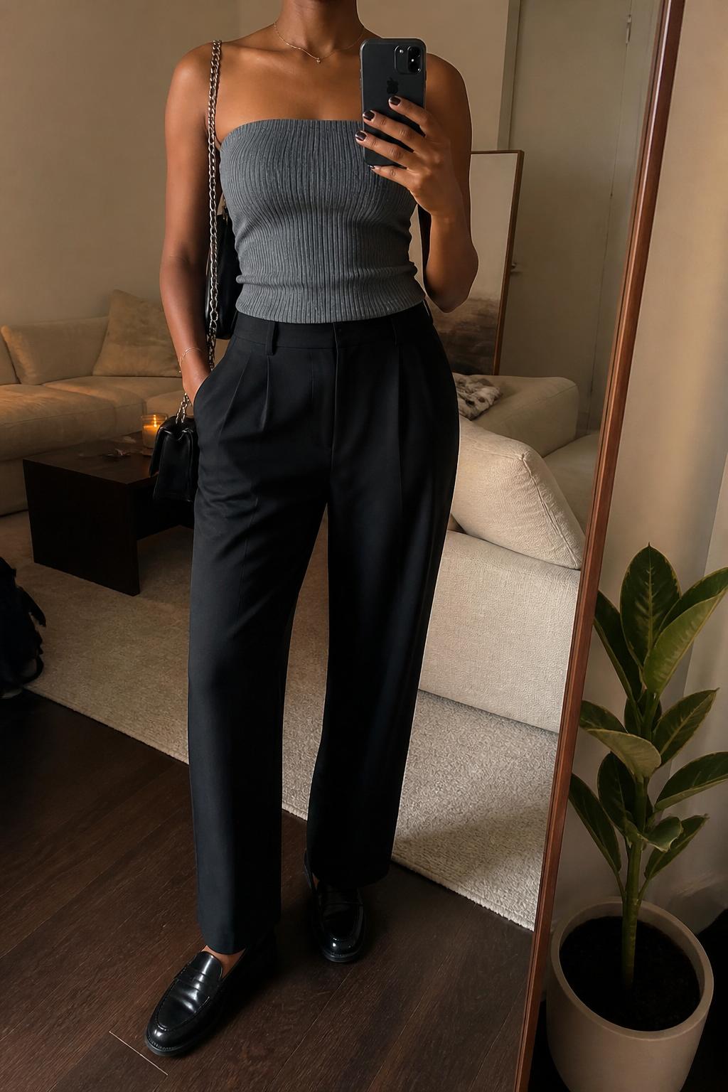 IMAGE_PROMPT: mirror selfie of a black woman wearing a grey ribbed tube top, pleated black trousers, black leather loafers, silver chain shoulder bag, and sleek side-part bun, clearly showing the same clothing items listed in the Outfit Pieces section, holding a phone in front of a mirror, cropped at the NECK so the face does not show, relaxed casual selfie pose, in a cozy living room with a leaning floor mirror, warm moody lighting, with small plant beside the floor mirror, latest iPhone photo quality.