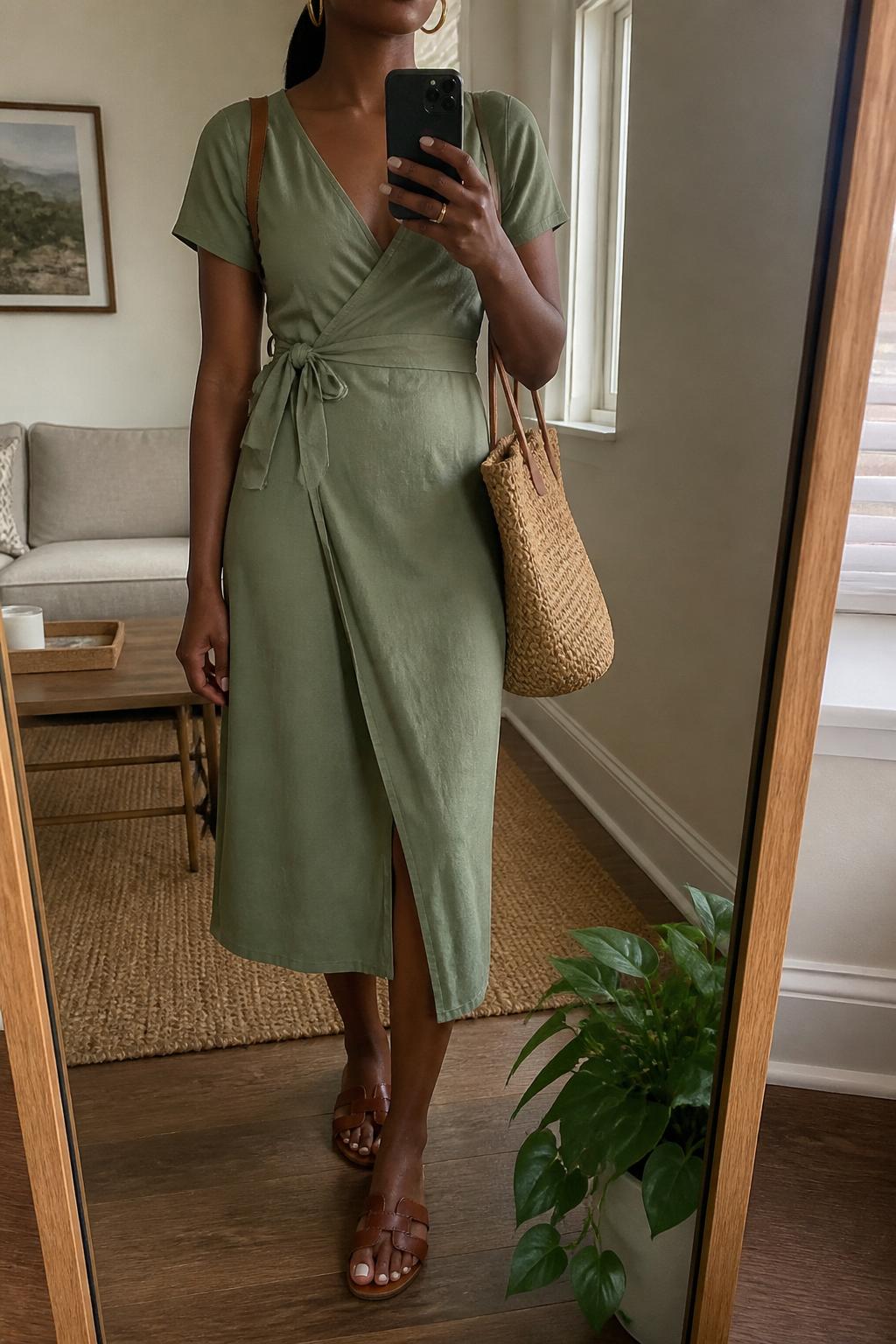 IMAGE_PROMPT: mirror selfie of a black woman wearing a sage green short-sleeve wrap midi dress, brown leather slide sandals, tan woven tote bag, gold hoop earrings, and sleek low ponytail, clearly showing the same clothing items listed in the Outfit Pieces section, holding a phone in front of a mirror, cropped at the NECK so the face does not show, relaxed casual selfie pose, in a cozy living room with a leaning floor mirror, natural window light, with small plant beside the floor mirror, latest iPhone photo quality.