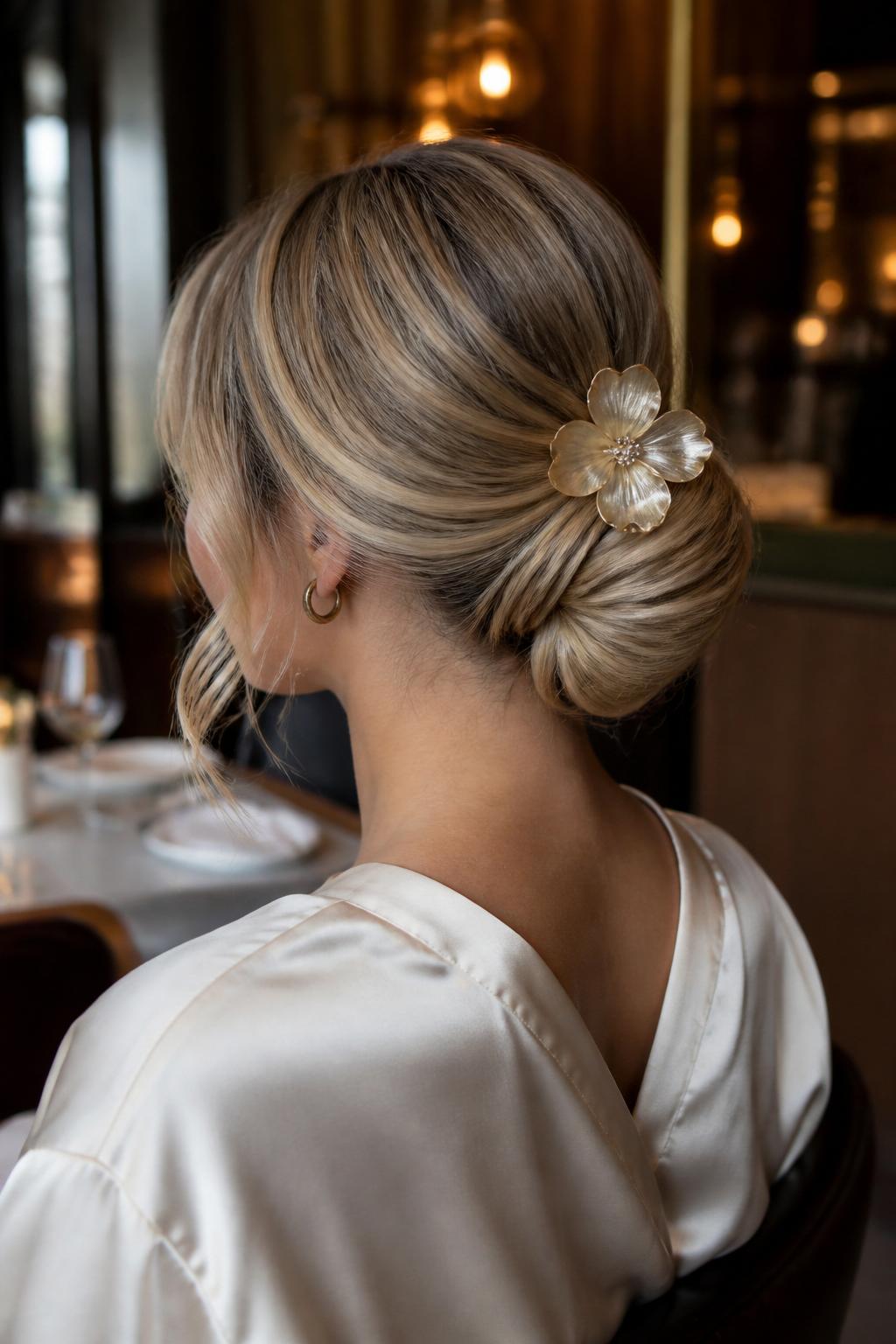 Image Prompt:
A realistic elegant hairstyle photo of a woman with medium-length sandy blonde hair styled into a low chignon secured with a champagne flower claw clip, smooth crown, softly folded hair at the nape, loose curled tendrils near the cheeks, satin ivory blouse, refined restaurant-style background, warm indoor lighting, polished feminine hairstyle inspiration, high-resolution DSLR photo, no text, (no watermarks on images)