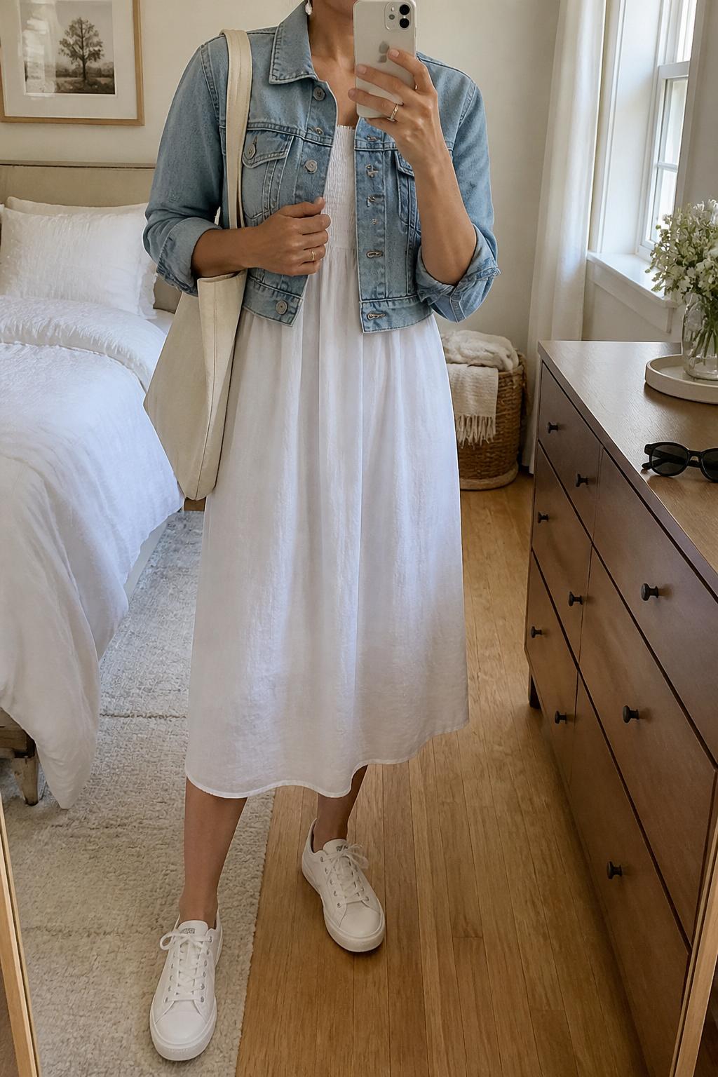 IMAGE_PROMPT: mirror selfie of a woman wearing a white cotton midi dress, cropped light wash denim jacket, white low-top sneakers, cream canvas tote bag, and pearl stud earrings, clearly showing the same clothing items listed in the Outfit Pieces section, holding a phone in front of a mirror, cropped at the NECK so the face does not show, relaxed casual selfie pose, in a cozy bedroom mirror setup, natural window light, with sunglasses placed on a dresser, latest iPhone photo quality.