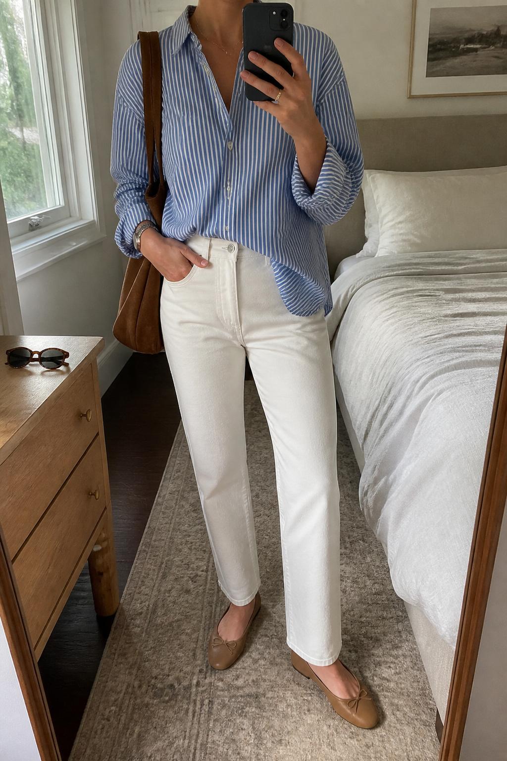 IMAGE_PROMPT: mirror selfie of a woman wearing a blue striped cotton button-down shirt, white straight-leg jeans, tan leather ballet flats, brown suede shoulder bag, and tortoiseshell sunglasses, clearly showing the same clothing items listed in the Outfit Pieces section, holding a phone in front of a mirror, cropped at the NECK so the face does not show, relaxed casual selfie pose, in a cozy bedroom mirror setup, natural window light, with sunglasses placed on a dresser, latest iPhone photo quality.