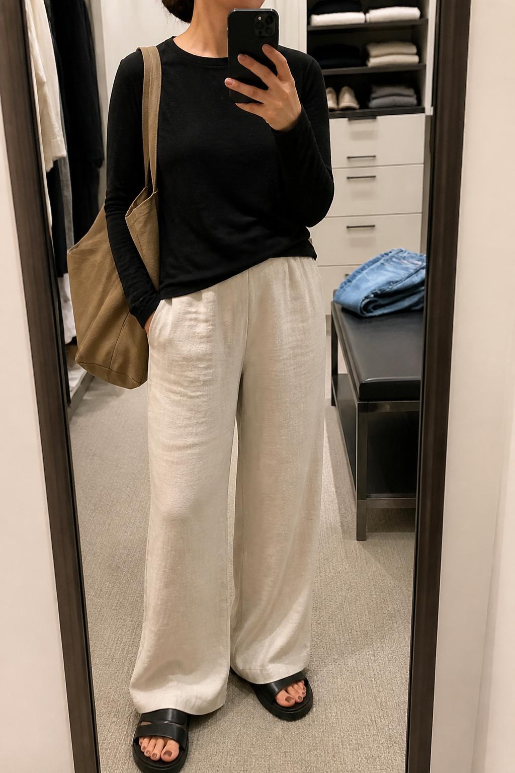 IMAGE_PROMPT: mirror selfie of a woman wearing a black lightweight long-sleeve tee, beige wide-leg linen pants, black cushioned sandals, tan canvas tote bag, and sleek low bun, clearly showing the same clothing items listed in the Outfit Pieces section, holding a phone in front of a mirror, cropped at the NECK so the face does not show, relaxed casual selfie pose, in a walk-in closet mirror, soft indoor lighting, with folded denim jeans on a bench, latest iPhone photo quality.