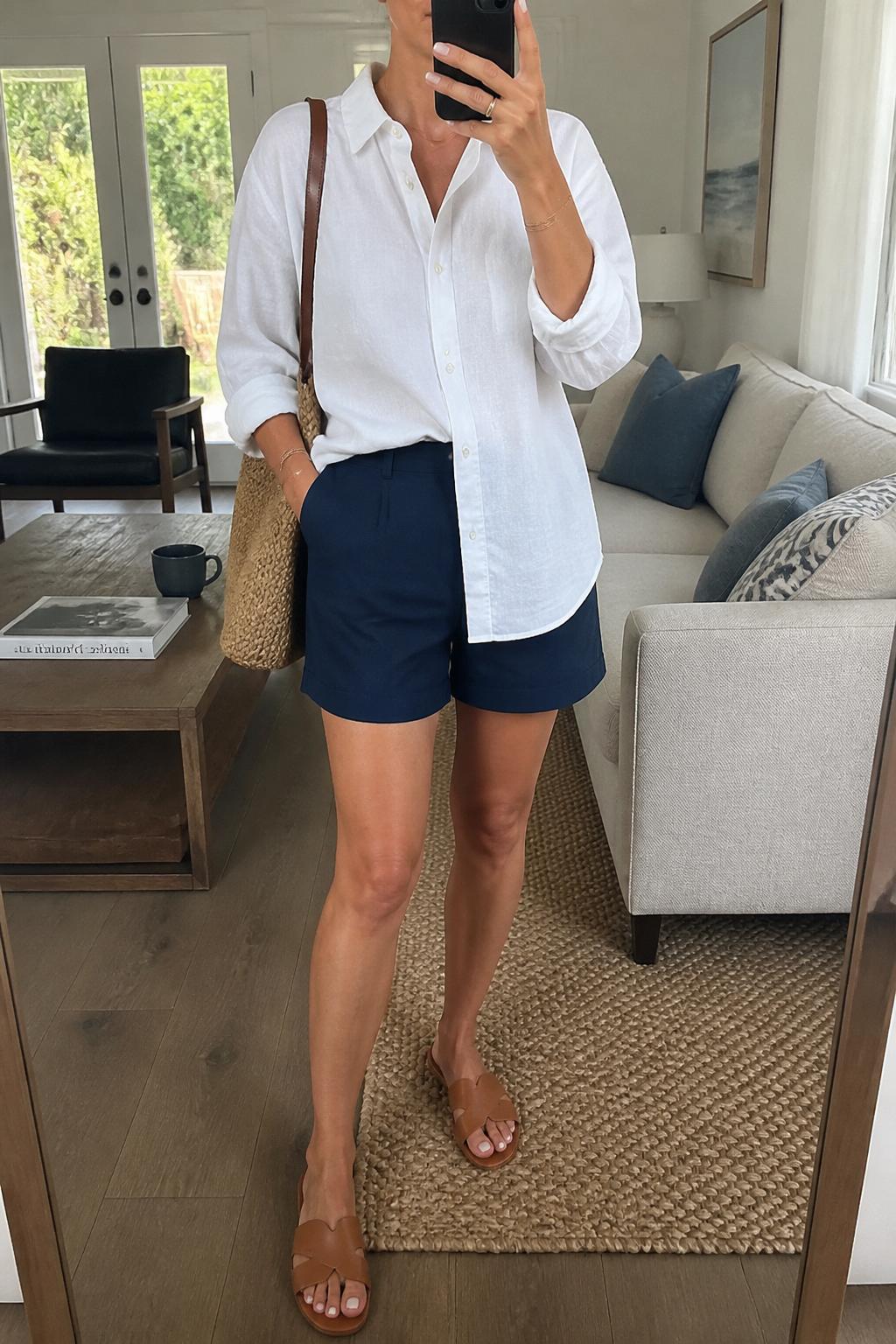 IMAGE_PROMPT: mirror selfie of a woman wearing a white linen button-down shirt, navy tailored shorts, tan leather slide sandals, woven shoulder bag, and sleek low bun, clearly showing the same clothing items listed in the Outfit Pieces section, holding a phone in front of a mirror, cropped at the NECK so the face does not show, relaxed casual selfie pose, in a modern living room mirror setup, natural window light, with coffee table with a book and mug, latest iPhone photo quality.
