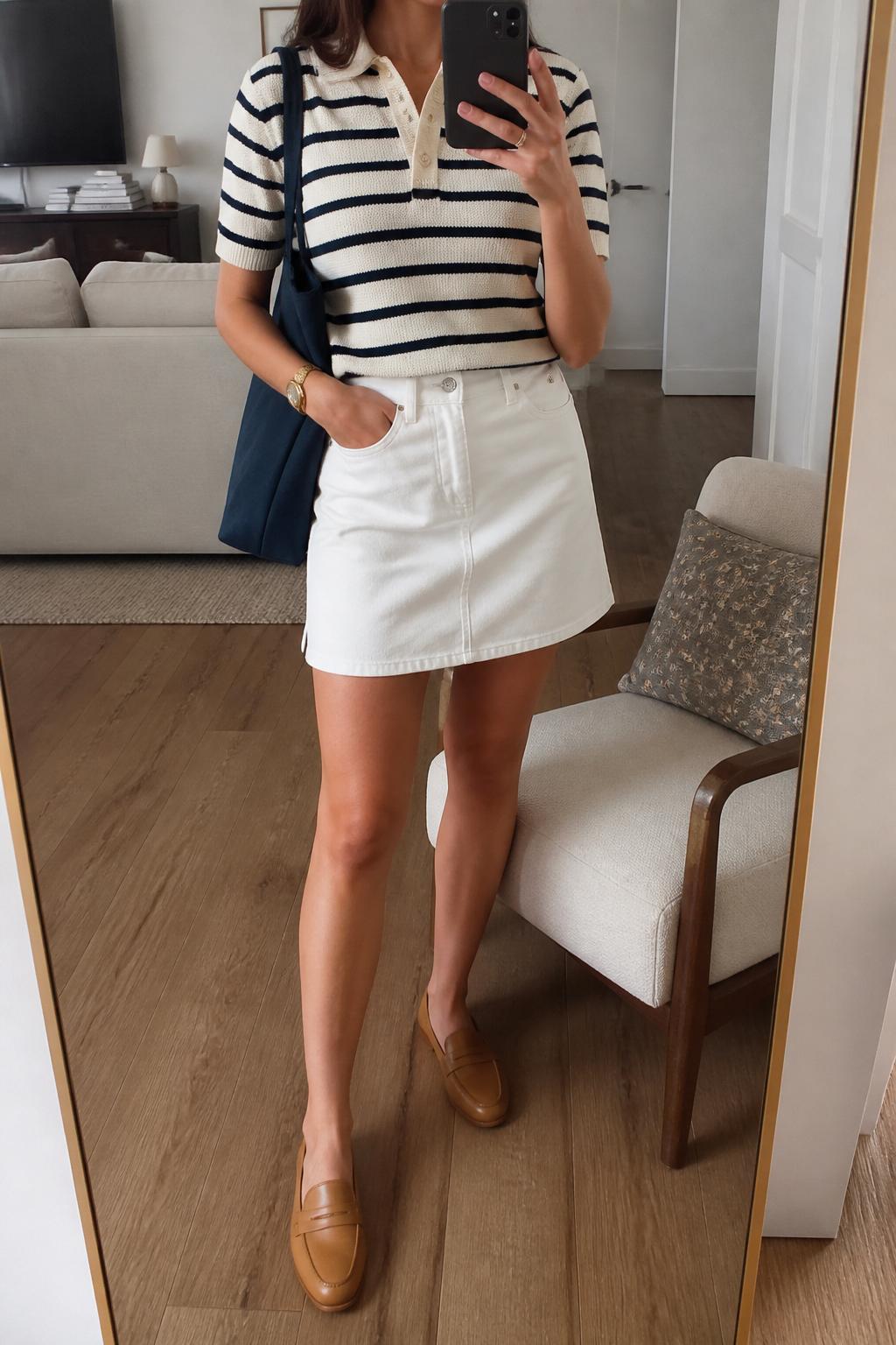 IMAGE_PROMPT: mirror selfie of a woman wearing a cream and navy striped knit polo, white denim A-line skirt, tan leather loafers, navy canvas tote bag, and gold watch, clearly showing the same clothing items listed in the Outfit Pieces section, holding a phone in front of a mirror, cropped at the NECK so the face does not show, relaxed casual selfie pose, in a modern living room mirror setup, soft indoor lighting, with accent chair beside the mirror, latest iPhone photo quality.