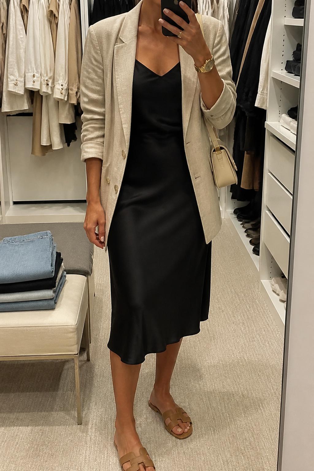 IMAGE_PROMPT: mirror selfie of a woman wearing a beige linen blazer, black satin slip dress, tan leather flat sandals, cream mini shoulder bag, and gold watch, clearly showing the same clothing items listed in the Outfit Pieces section, holding a phone in front of a mirror, cropped at the NECK so the face does not show, relaxed casual selfie pose, in a walk-in closet mirror, soft indoor lighting, with folded denim jeans on a bench, latest iPhone photo quality.