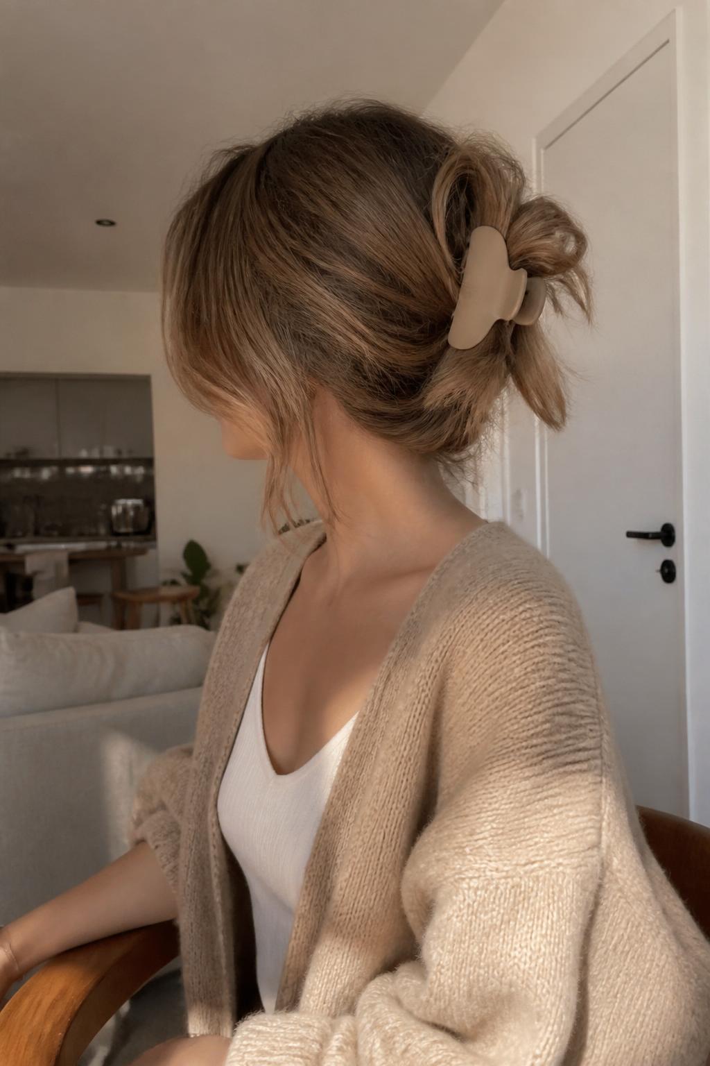 Image Prompt:
A realistic casual hairstyle photo of a woman with medium-length dark blonde layered hair styled into a messy claw clip bun, hair loosely gathered at the back with a matte beige claw clip, soft ends spilling out naturally, wispy layers around the face and nape, oversized cardigan, relaxed apartment setting, warm morning light, cozy Pinterest hairstyle inspiration, DSLR photo quality, no text, (no watermarks on images)