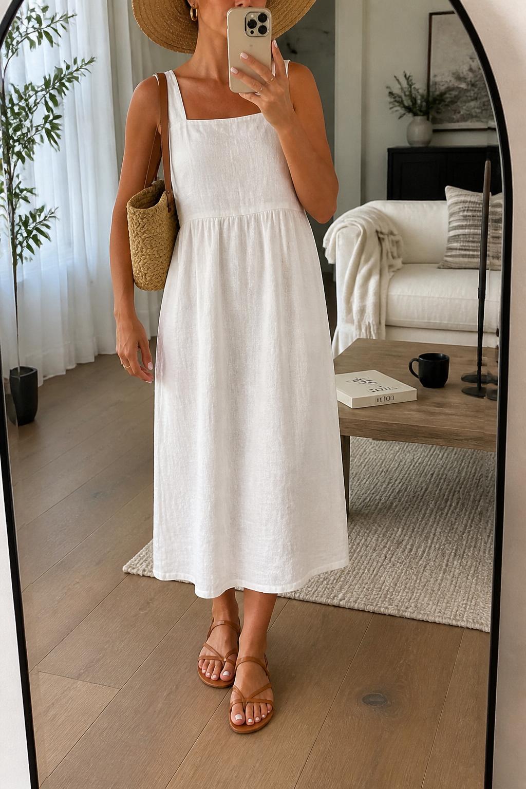 IMAGE_PROMPT: mirror selfie of a woman wearing a straw wide-brim hat, white linen midi dress, tan leather flat sandals, woven shoulder bag, and small gold hoop earrings, clearly showing the same clothing items listed in the Outfit Pieces section, holding a phone in front of a mirror, cropped at the NECK so the face does not show, relaxed casual selfie pose, in a modern living room mirror setup, natural window light, with coffee table with a book and mug, latest iPhone photo quality.