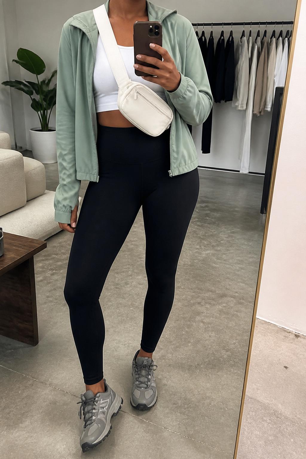 IMAGE_PROMPT: mirror selfie of a black woman wearing a sage green lightweight zip hoodie, white cropped tank top, black high-waisted leggings, grey trail sneakers, and cream belt bag, clearly showing the same clothing items listed in the Outfit Pieces section, holding a phone in front of a mirror, cropped at the NECK so the face does not show, relaxed casual selfie pose, in a fashion studio mirror corner, soft indoor lighting, with clothing rack with garments behind, latest iPhone photo quality.