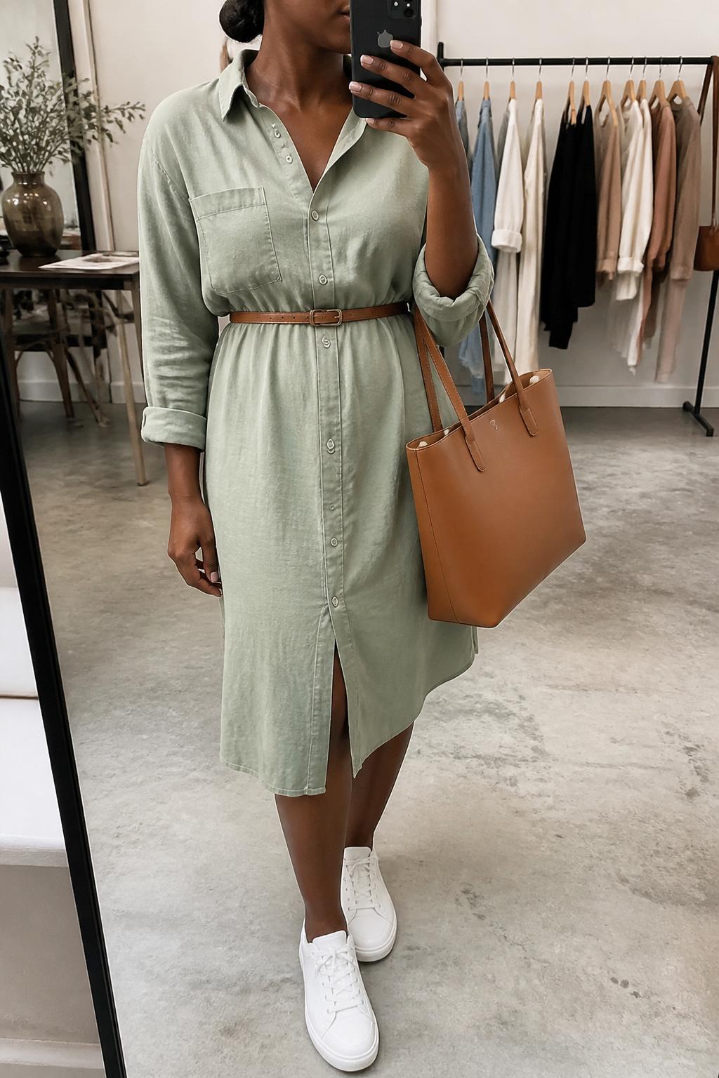 IMAGE_PROMPT: mirror selfie of a black woman wearing a sage green cotton shirt dress, white low-top sneakers, slim brown belt, structured tan tote bag, and sleek low bun, clearly showing the same clothing items listed in the Outfit Pieces section, holding a phone in front of a mirror, cropped at the NECK so the face does not show, relaxed casual selfie pose, in a fashion studio mirror corner, soft indoor lighting, with clothing rack with garments behind, latest iPhone photo quality.