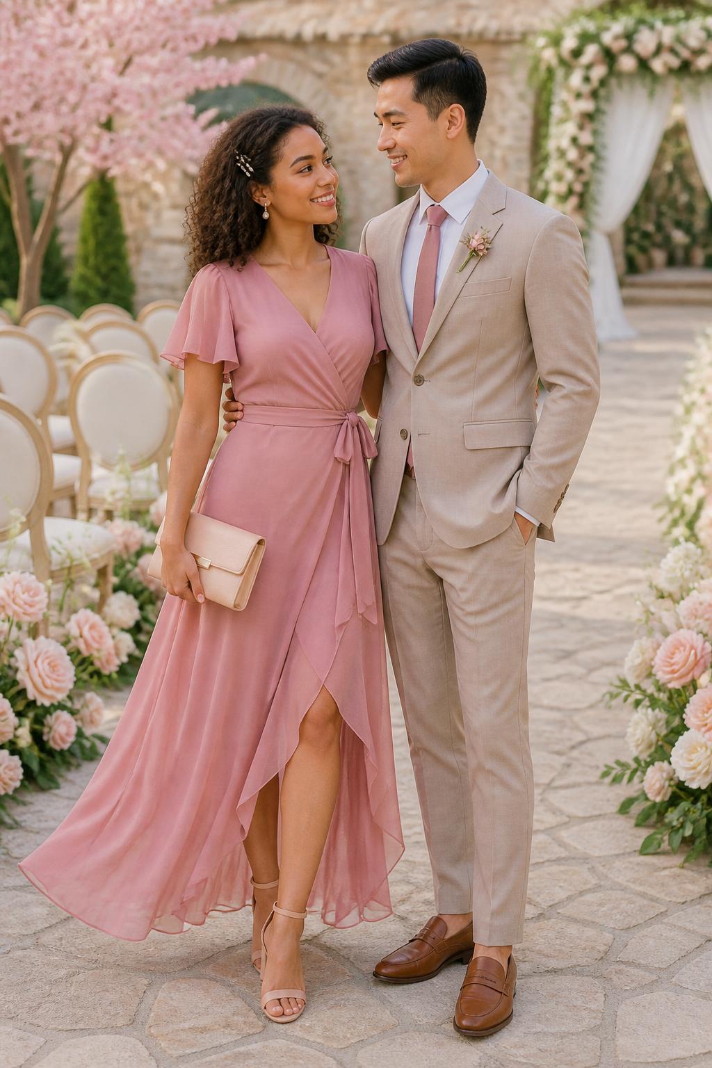 Outfit Image Prompt:
A stylish interracial couple dressed for a romantic outdoor wedding, woman wearing a dusty rose chiffon wrap dress with flutter sleeves, soft pink makeup, pearl hair pins, nude block heels, and a blush clutch, man wearing a soft taupe suit with a white shirt, dusty rose tie, brown loafers, and a small floral boutonniere-style pin, standing on a stone pathway surrounded by blush flowers and cream wedding chairs, sweet matching couple wedding guest outfits, soft pastel color palette, warm natural light, full-body editorial photo, romantic spring wedding setting, detailed chiffon movement, no watermarks on images