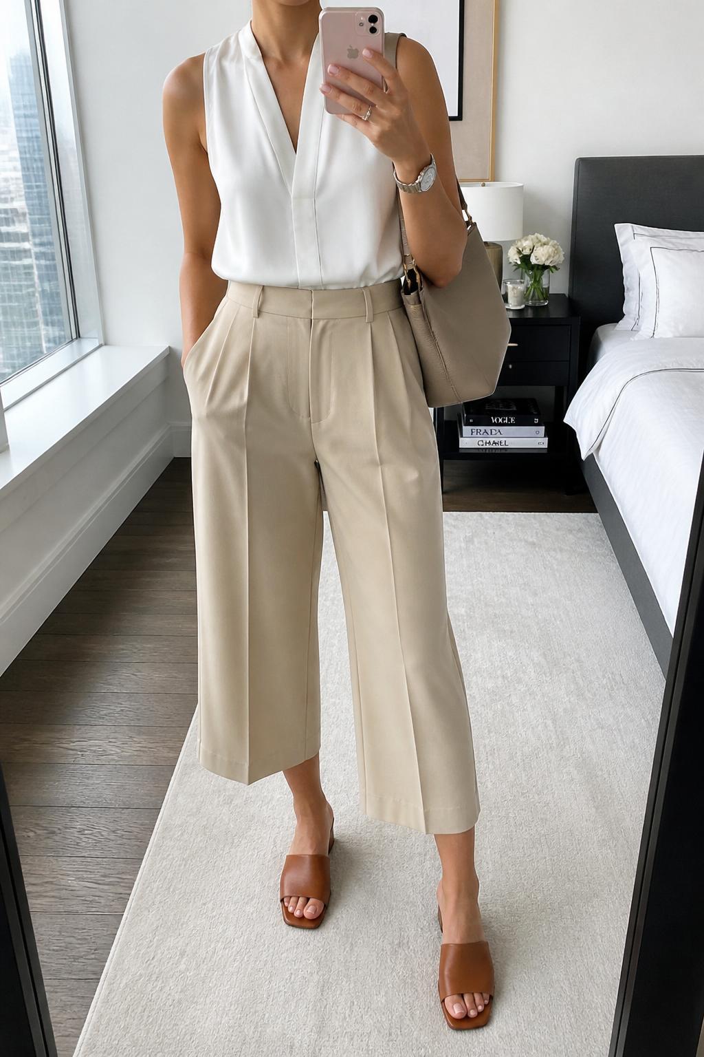 IMAGE_PROMPT: mirror selfie of a woman wearing a white sleeveless blouse, beige tailored culottes, brown leather mules, taupe shoulder bag, and silver watch, clearly showing the same clothing items listed in the Outfit Pieces section, holding a phone in front of a mirror, cropped at the NECK so the face does not show, relaxed casual selfie pose, in a stylish city apartment bedroom, natural window light, with stack of fashion magazines on a side table, latest iPhone photo quality.