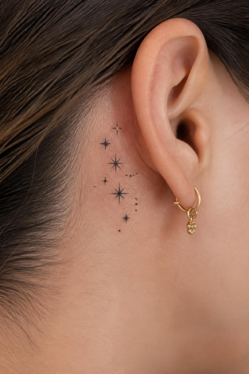 Image Prompt: "Extreme close-up of a star cluster flash tattoo behind the ear, tiny black stars in varied sizes, fine linework, small dot accents, dainty feminine tattoo style, simple gold earring nearby, clean skin texture, soft minimal background, realistic close-up tattoo inspiration photo"