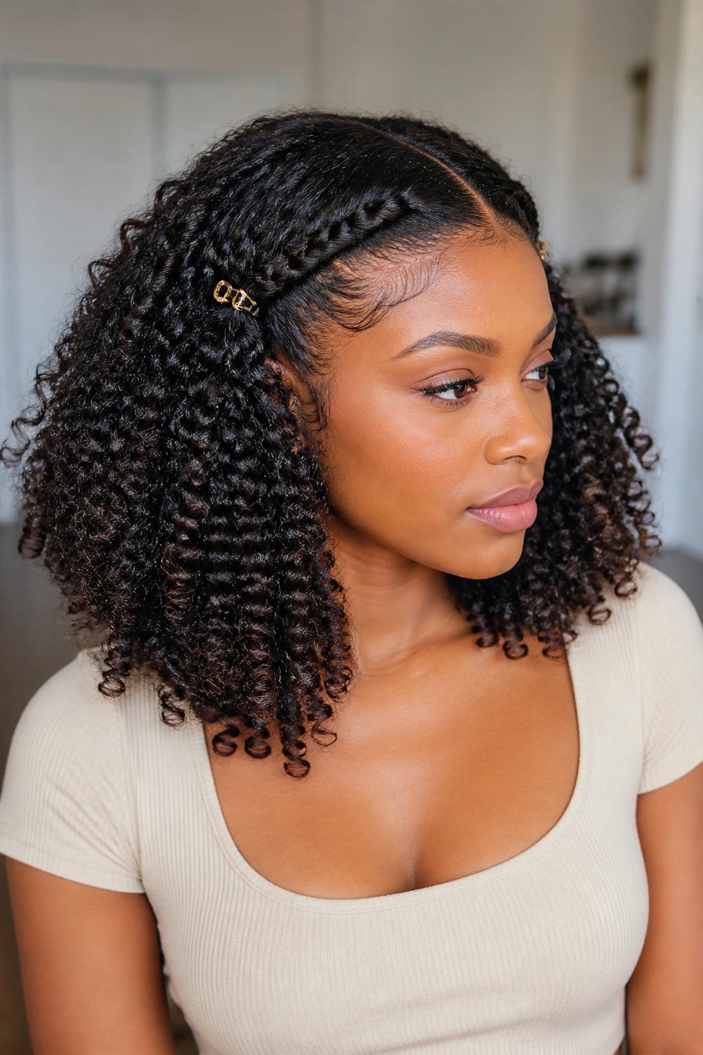 Image Prompt:
A realistic editorial hairstyle photo of a black woman with medium-length natural curly hair styled with two twisted front pieces pulled back and secured with two small gold mini claw clips above the ears, defined curls left loose and full around the shoulders, soft edges, warm brown skin, fitted beige top, clean indoor background, bright natural light, modern curly hairstyle inspiration, high-resolution DSLR photo, no text, (no watermarks on images)
