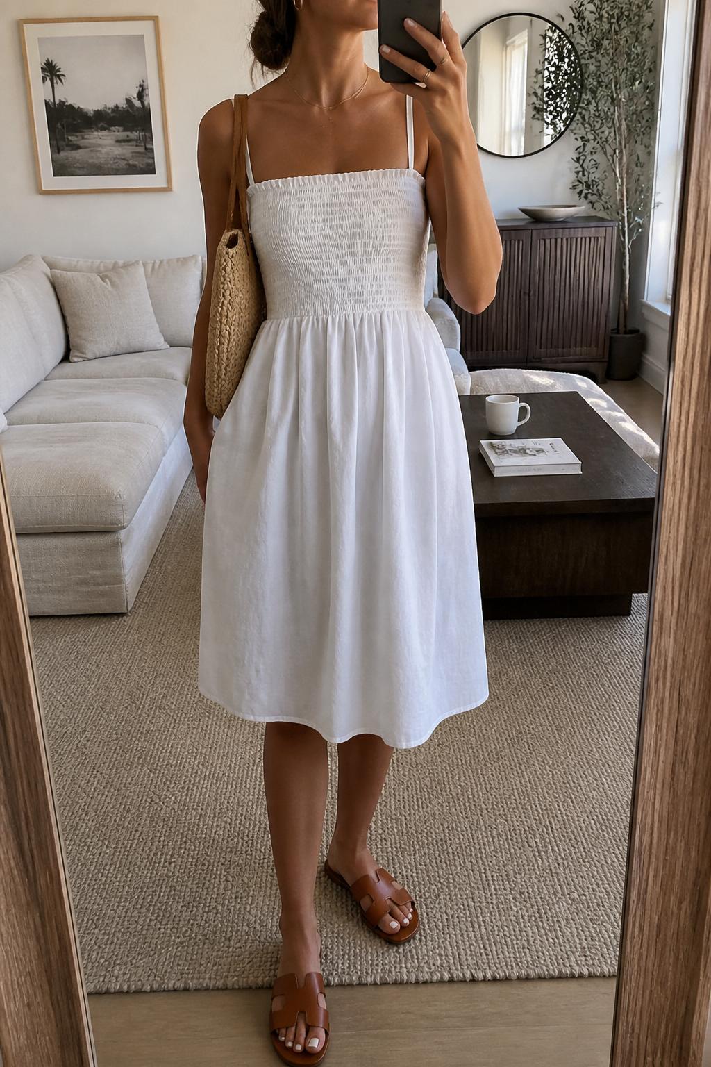 IMAGE_PROMPT: mirror selfie of a woman wearing a white smocked cotton sundress, tan leather flat sandals, woven shoulder bag, small gold hoop earrings, and loose low bun, clearly showing the same clothing items listed in the Outfit Pieces section, holding a phone in front of a mirror, cropped at the NECK so the face does not show, relaxed casual selfie pose, in a modern living room mirror setup, natural window light, with coffee table with a book and mug, latest iPhone photo quality.