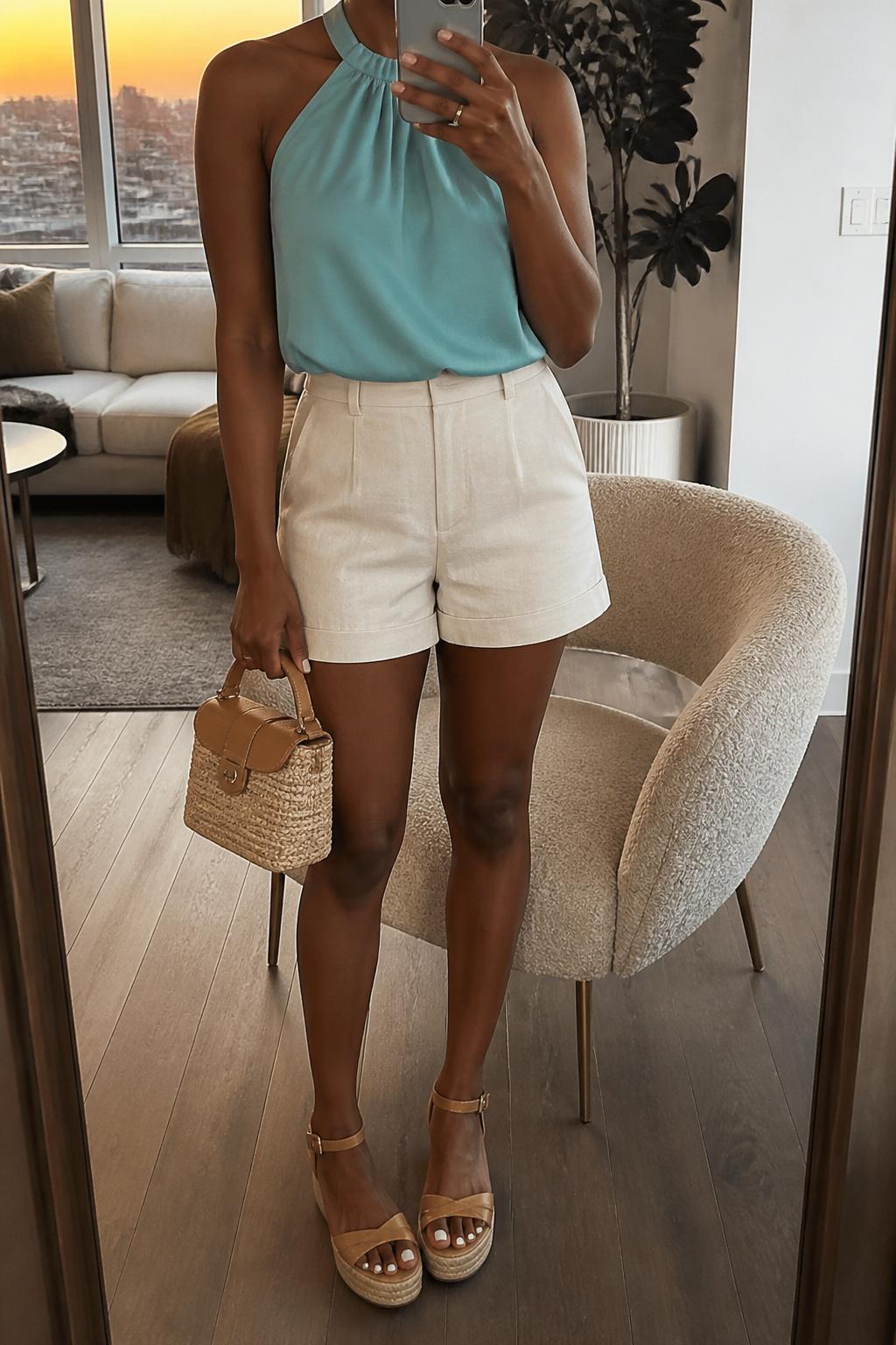 IMAGE_PROMPT: mirror selfie of a black woman wearing an aqua halter top, cream linen tailored shorts, tan espadrille sandals, raffia mini handbag, and pearl stud earrings, clearly showing the same clothing items listed in the Outfit Pieces section, holding a phone in front of a mirror, cropped at the NECK so the face does not show, relaxed casual selfie pose, in a stylish city apartment living room, evening golden hour, with accent chair beside the mirror, latest iPhone photo quality.