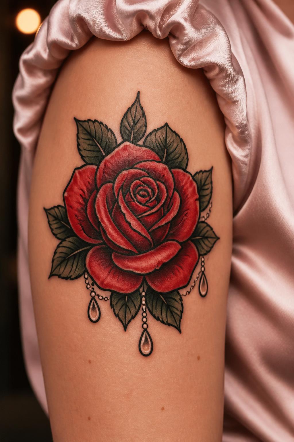 Image Prompt: "Tight crop of a girly American traditional rose tattoo on the upper arm, bold black outlines, deep red petals, green leaves, tiny pearl drop accents, soft shading, medium-size tattoo, silk blouse cuff slightly visible, clean feminine composition, realistic skin texture, close-up design-focused tattoo photo"