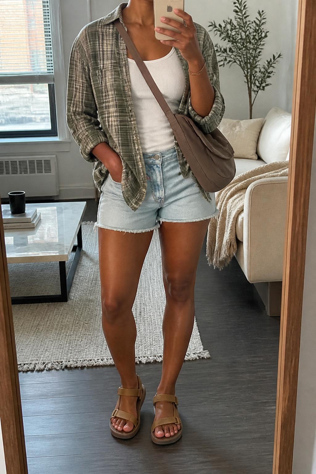 IMAGE_PROMPT: mirror selfie of a black woman wearing a soft green plaid button-down shirt, white cotton tank top, light wash denim cutoff shorts, tan hiking sandals, and brown canvas crossbody bag, clearly showing the same clothing items listed in the Outfit Pieces section, holding a phone in front of a mirror, cropped at the NECK so the face does not show, relaxed casual selfie pose, in a stylish city apartment living room, soft morning light, with throw blanket on a living room sofa, latest iPhone photo quality.