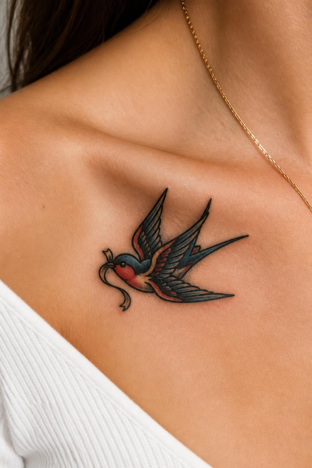Image Prompt: "Close-up of a small American traditional swallow tattoo on the collarbone, bold black outline, blue and red wing details, tiny curved ribbon in its beak, soft shading, feminine placement, simple gold necklace nearby, clean skin texture, minimal background, design-focused close-up, realistic modern lifestyle tattoo photo"