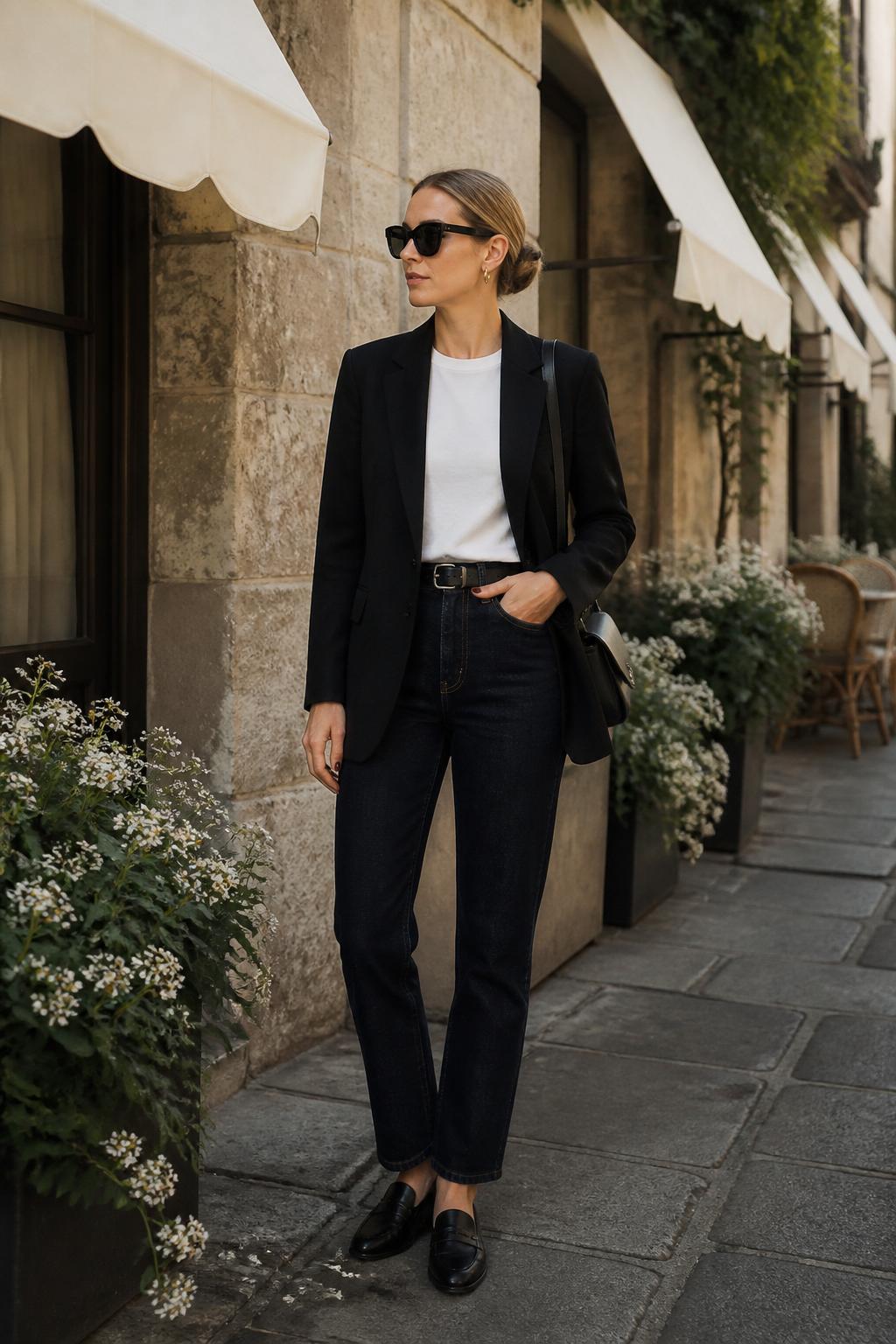 Image Prompt:
A chic old money casual outfit showing a woman wearing a structured black blazer over a white crewneck T-shirt, dark wash straight-leg jeans, black leather loafers, a slim black belt, a black shoulder bag, small gold hoops, and classic black sunglasses. She is standing outside a small café with cream awnings, white flowers, stone walls, and soft morning light. Realistic editorial street style photography, polished casual black outfit, no text, no watermark.