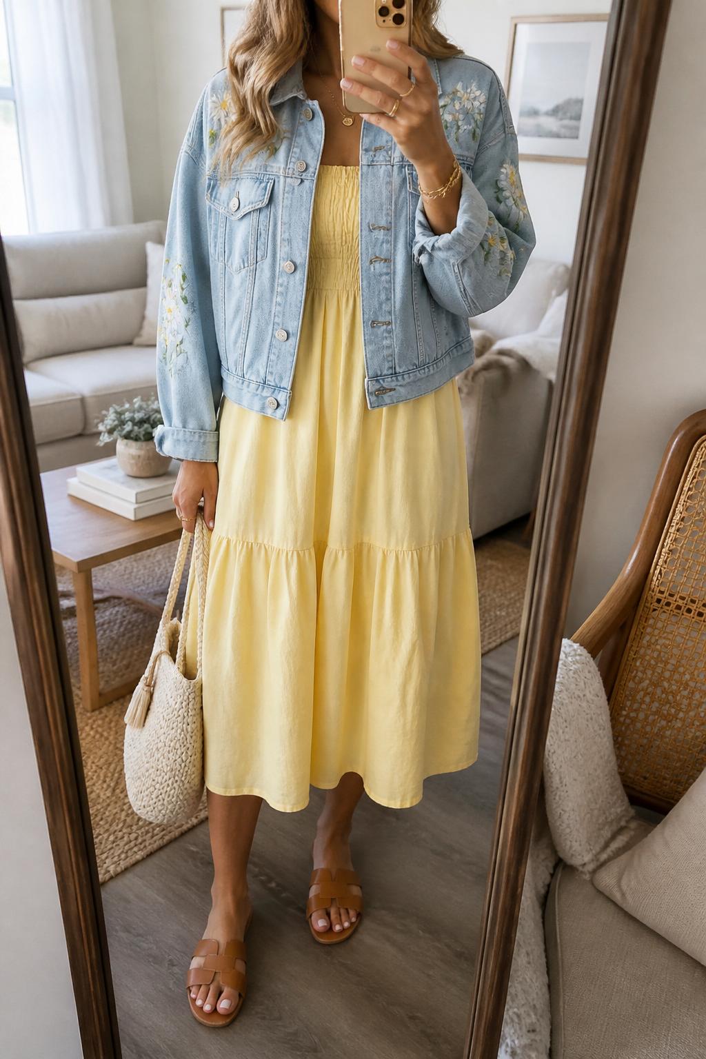 IMAGE_PROMPT: mirror selfie of a woman wearing a light wash embroidered jean jacket, butter yellow cotton sundress, tan leather slide sandals, cream woven handbag, and loose wavy hair, clearly showing the same clothing items listed in the Outfit Pieces section, holding a phone in front of a mirror, cropped at the NECK so the face does not show, relaxed casual selfie pose, in a modern living room mirror setup, soft morning light, with accent chair beside the mirror, latest iPhone photo quality.