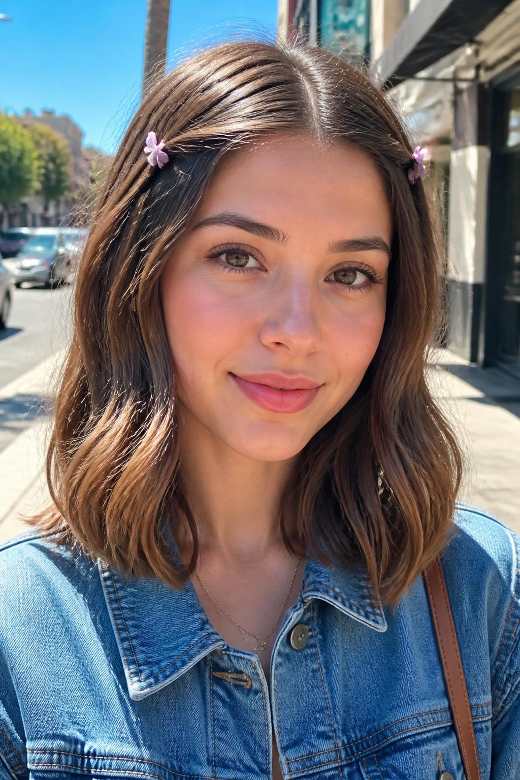 Image Prompt:
A realistic beauty photo of a woman with shoulder-length light brown hair styled with a center part and two tiny pastel mini claw clips, one placed on each side near the temples, soft bends through the hair, youthful feminine look, front-facing portrait, denim jacket, sunny outdoor street background, bright natural daylight, cute casual hairstyle inspiration, high-resolution DSLR style, no text, (no watermarks on images)