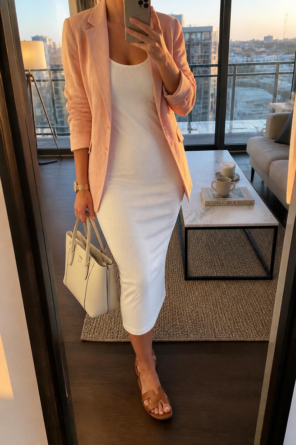 IMAGE_PROMPT: mirror selfie of a woman wearing a soft pink linen blazer, white fitted tank dress, tan leather flat sandals, cream structured tote bag, and gold watch, clearly showing the same clothing items listed in the Outfit Pieces section, holding a phone in front of a mirror, cropped at the NECK so the face does not show, relaxed casual selfie pose, in a stylish city apartment living room, evening golden hour, with coffee table with a book and mug, latest iPhone photo quality.