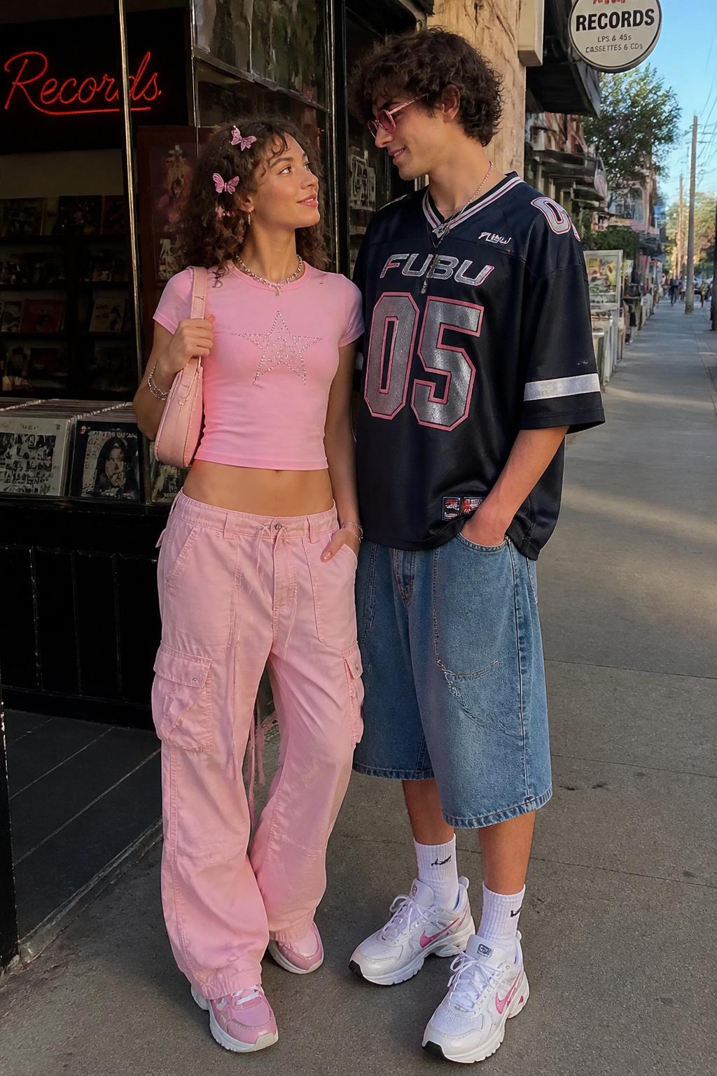 Outfit Image Prompt:
A cute couple wearing playful Y2K streetwear outfits outside a small record shop, woman wearing a pastel pink baby tee with rhinestone detail, low-rise cargo pants, pink mini shoulder bag, butterfly clips, and chunky sneakers, man wearing an oversized graphic sports jersey with loose denim shorts, white crew socks, chunky sneakers, and tinted sunglasses, outfits tied together with pink accents, relaxed real-life pose, soft natural daylight, realistic casual street photo, natural shadows, visible cotton texture, normal skin texture, slightly candid expression, no over-processed look, no overly sharp details, no waxy faces, no watermarks on images