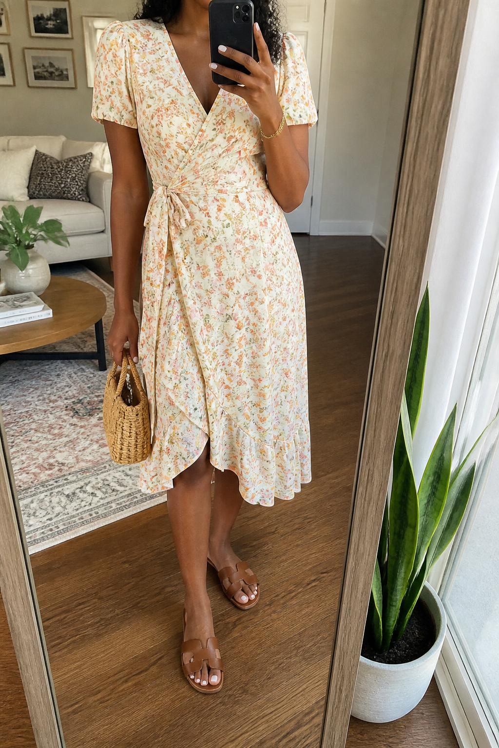 IMAGE_PROMPT: mirror selfie of a black woman wearing a soft floral wrap midi dress, brown leather flat sandals, woven mini handbag, thin gold bracelet, and shoulder-length curls, clearly showing the same clothing items listed in the Outfit Pieces section, holding a phone in front of a mirror, cropped at the NECK so the face does not show, relaxed casual selfie pose, in a cozy living room with a leaning floor mirror, natural window light, with small plant beside the floor mirror, latest iPhone photo quality.