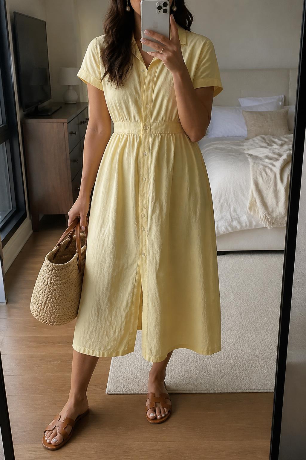 IMAGE_PROMPT: mirror selfie of a woman wearing a butter yellow button-front cotton midi dress, tan leather flat sandals, straw basket bag, pearl drop earrings, and loose wavy hair, clearly showing the same clothing items listed in the Outfit Pieces section, holding a phone in front of a mirror, cropped at the NECK so the face does not show, relaxed casual selfie pose, in a stylish city apartment bedroom, soft indoor lighting, with soft pillows on an unmade bed, latest iPhone photo quality.