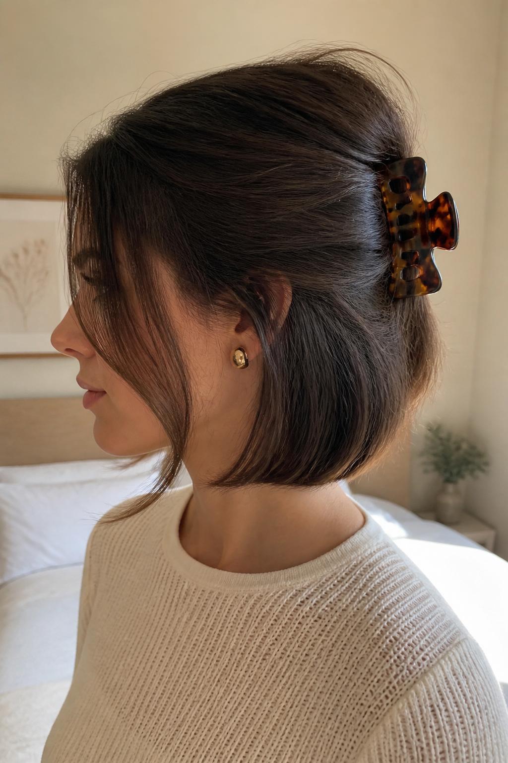 Image Prompt:
A realistic editorial beauty photo of a woman with short chin-length brunette bob hair styled into a mini French twist secured with a medium tortoiseshell claw clip, soft face-framing strands left loose, smooth texture with a slight bend at the ends, side profile view, cream knit top, gold stud earrings, warm natural window light, soft neutral bedroom background, polished everyday hairstyle inspiration, DSLR photo quality, no text, (no watermarks on images)