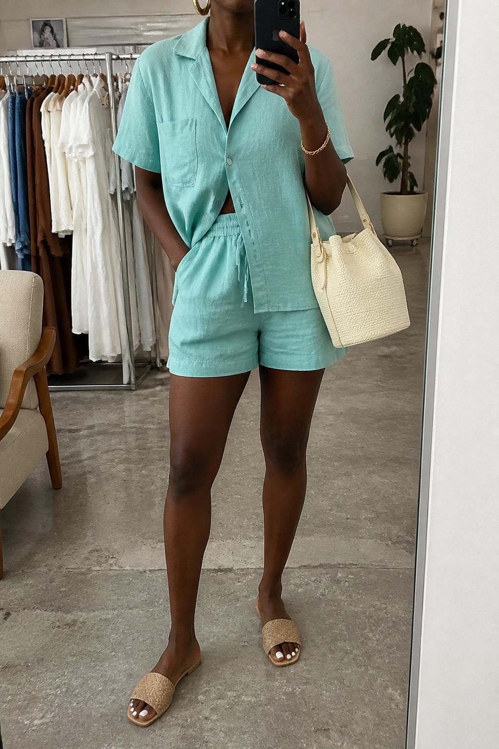IMAGE_PROMPT: mirror selfie of a black woman wearing an aqua linen matching set with a short-sleeve button shirt and relaxed drawstring shorts, raffia slide sandals, cream bucket bag, and gold hoop earrings, clearly showing the same clothing items listed in the Outfit Pieces section, holding a phone in front of a mirror, cropped at the NECK so the face does not show, relaxed casual selfie pose, in a fashion studio mirror corner, soft indoor lighting, with clothing rack with garments behind, latest iPhone photo quality.